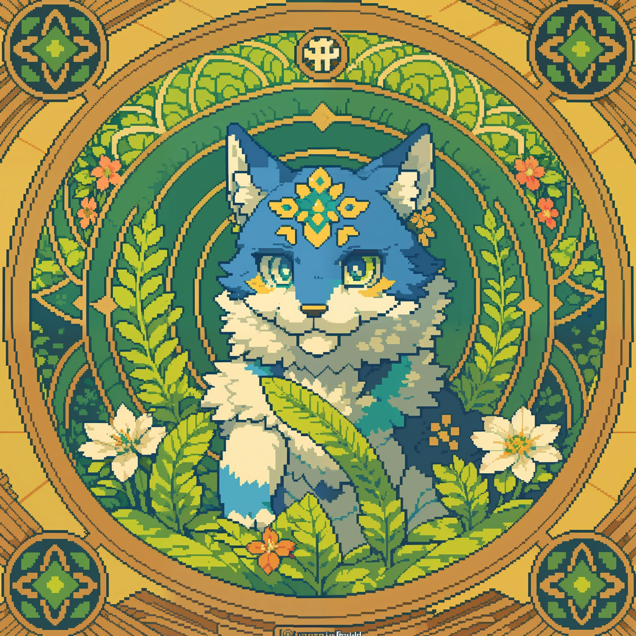 top quality, best quality, logo mark, stamp, Geometric pattern, vector-art, High-quality illustrations by Alfons Mucha, masterpiece(kemono, furry anthro)flower, pixel art,