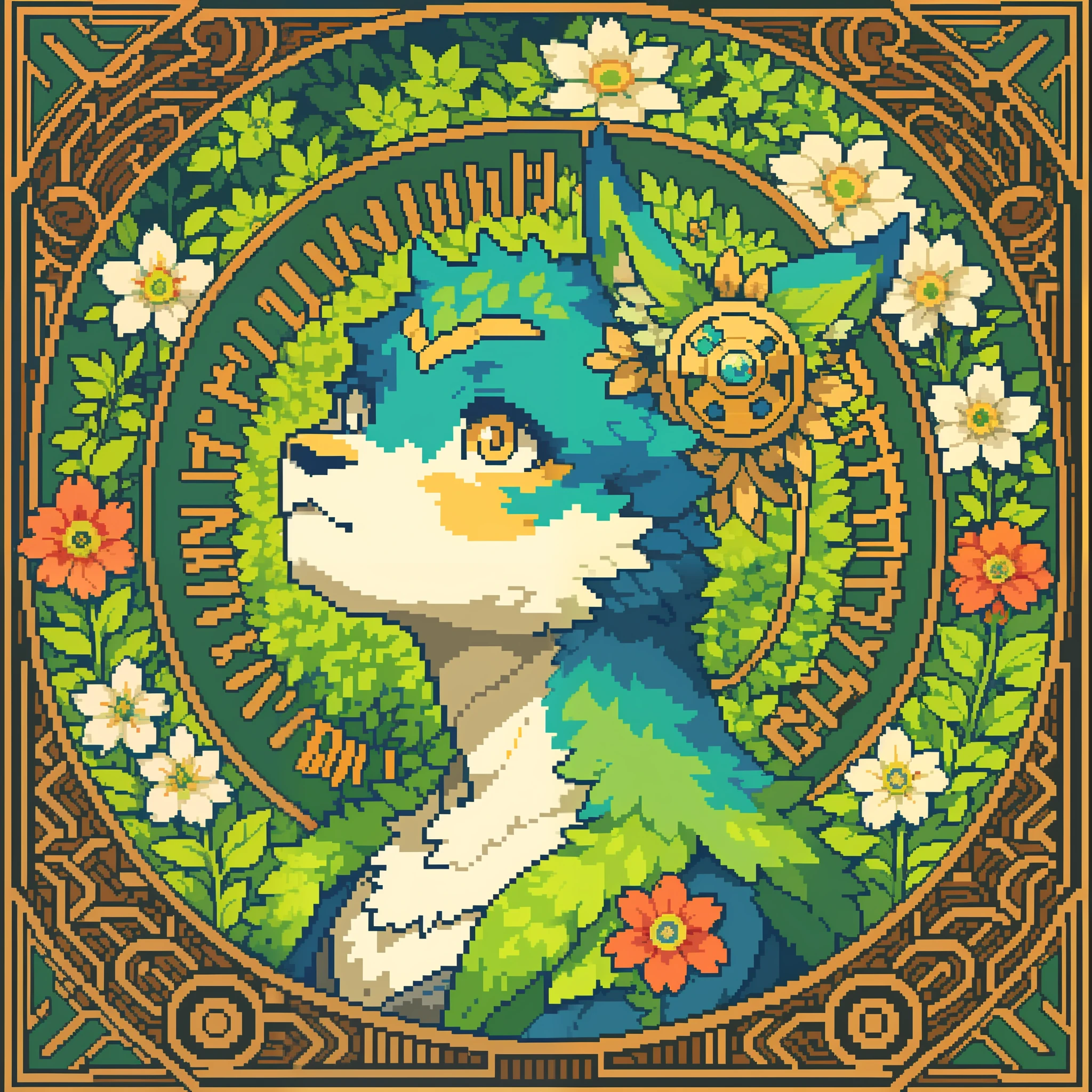 top quality, best quality, logo mark, stamp, Geometric pattern, vector-art, High-quality illustrations by Alfons Mucha, masterpiece(kemono, furry anthro)flower, pixel art,