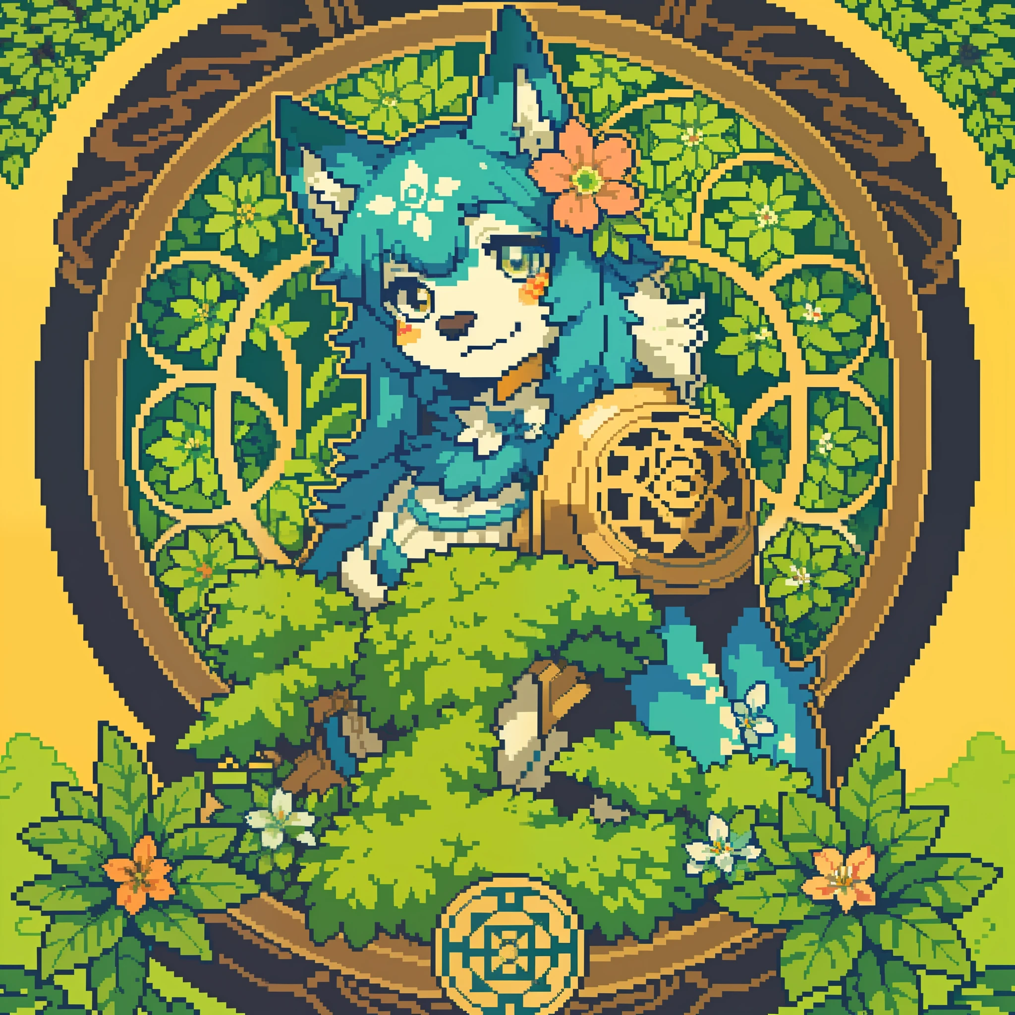 top quality, best quality, logo mark, stamp, Geometric pattern, vector-art, High-quality illustrations by Alfons Mucha, masterpiece(kemono, furry anthro)flower, pixel art,