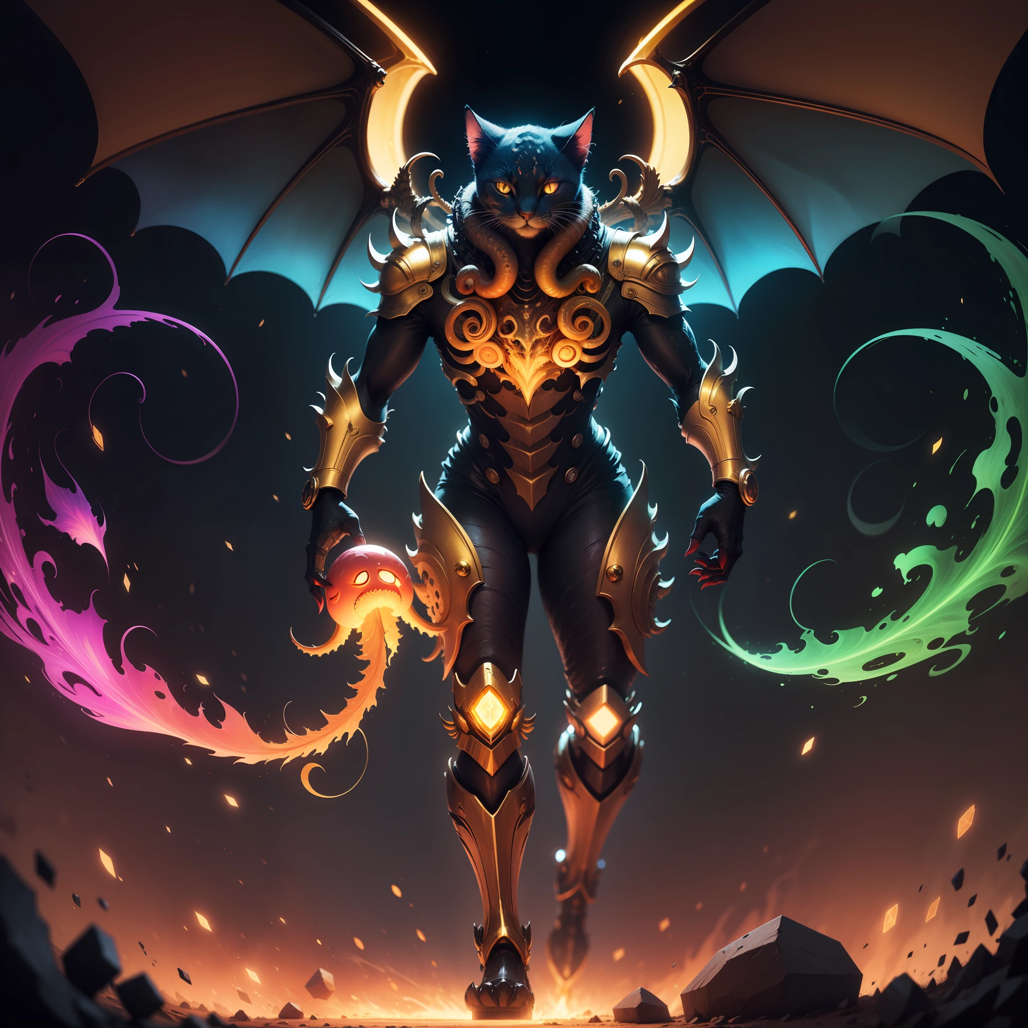 A Cthulhu-style mechanical cat with 6 mechanical wings, glowing golden like a god, stands in front of a colorful psychedelic swirl, futuristic