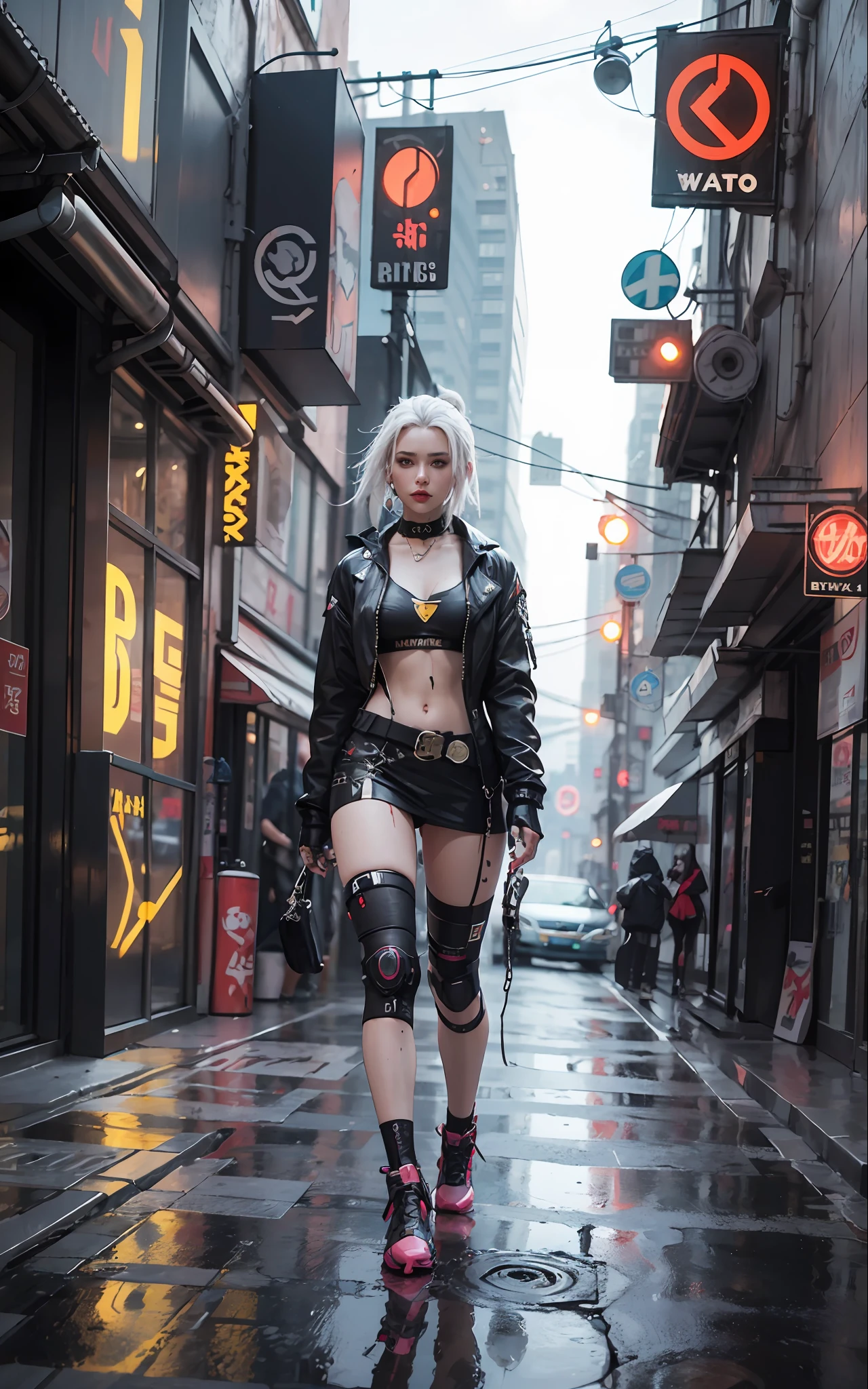a woman walking down a wet street in a city, cyberpunk 2 0 y. o model girl, cyberpunk style outfit, beautiful cyberpunk woman model, hyper-realistic cyberpunk style, cyberpunk fashion clothing, cyberpunk fashion, in cyberpunk city, cyberpunk streetwear, cyberpunk style, cyberpunk high fashion, style of cyberpunk, cyberpunk girl, wearing cyberpunk streetwear, cyberpunk photo, cyberpunk beautiful girl
