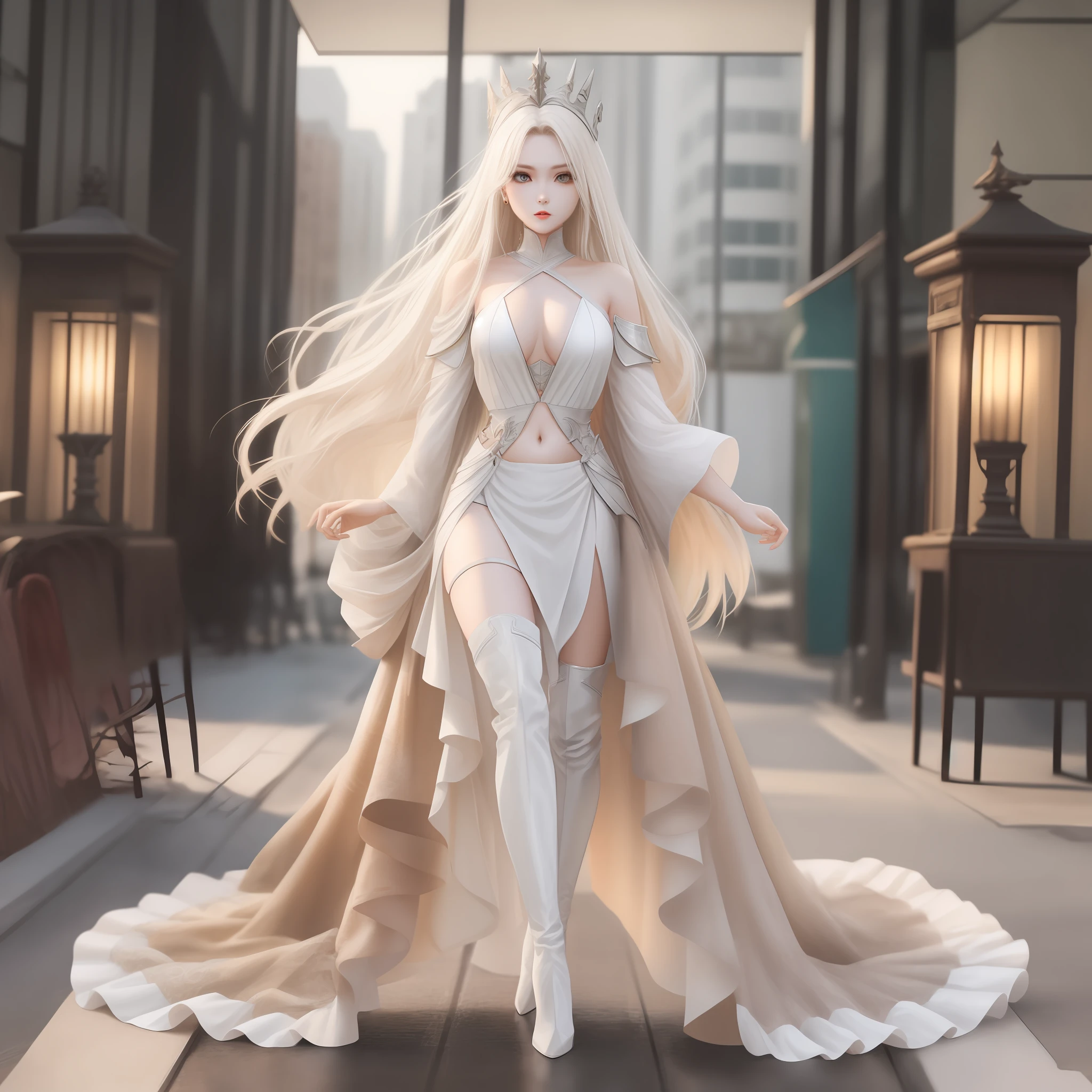 Breasts come out, white metal shoulder armor, white metal high-heeled over-the-knee boots, bare waist, belly button coming out