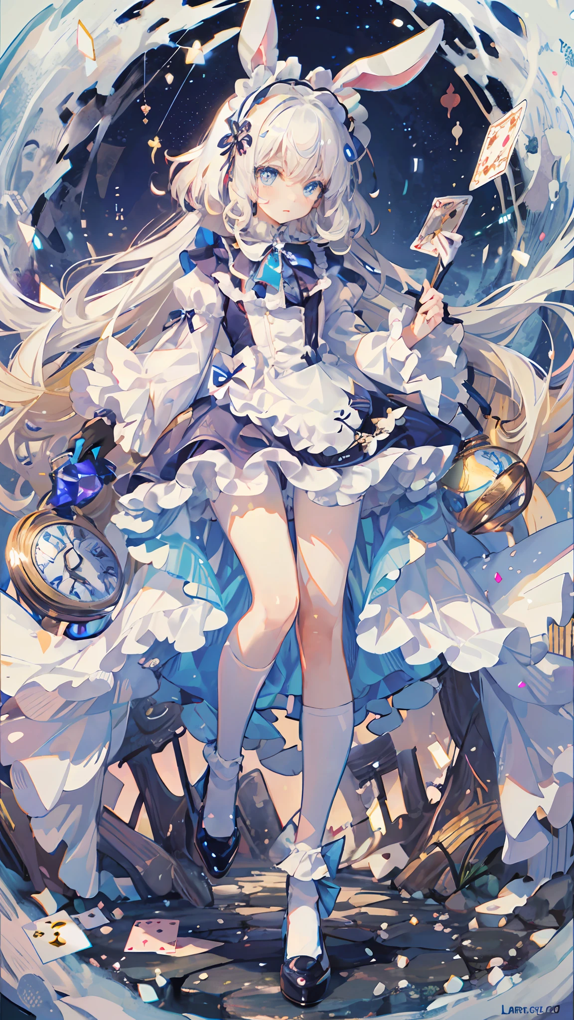 Super gorgeous, extreme multiplication, shiny crystal, (beautiful detailed eyes), movie lighting, white hair, blue eyes, long blonde hair, curly hair, Roman curls, princess sleeves, frills, glowing eyes, (illuminated particles), cloudy, alice in wonderland, blue eyes, light blue skirt, walking stick, dramatic composition, extreme detail, high resolution, Mr. Rabbit, white rabbit, pocket watch, playing cards flying in the air, ****ta dress, blue and white striped stockings, bow, look at the camera, socks with frills, pearl necklace, Lace gloves, large bow headdress, ribbon, jump, fall, levitation, cloudy, starry, dreamy