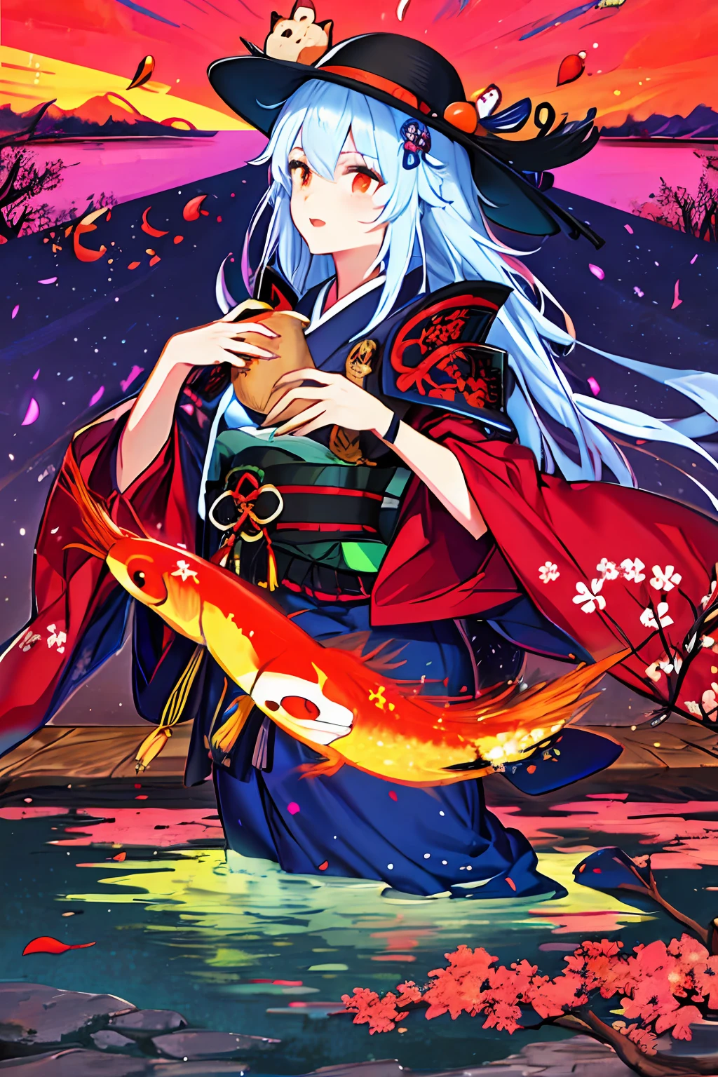 blacklight, 1girl,semi tall,muscular,samurai,straw hat,Japanese armor,medium breast,Sakura tress,Japanese garden,koi pond,chest Sarashi,kanta,seath,haori,hair ornaments,tanuki hair ornament,mid day,sunset,orange sky,gentle breeze,best quality,masterpiece