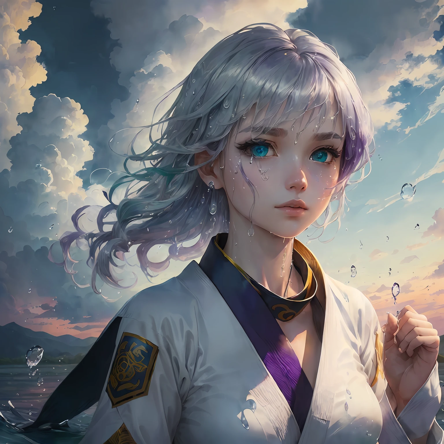 (((Masterpiece)), Best Quality, Ultra Detailed, Extremely Detailed CG Unity 8k Wallpaper, Best Illustration, Extremely Beautiful and Delicate, Floating, High Resolution, Dynamic Angle, Dynamic Pose, (1 Girl), Blue Eyes, (Brilliant Hair + Silver Hair: 1.3+ Red Hair: 1.2+ Purple Hair + Yellow Hair: 1.3+ Green Hair: 1.3), White Martial Arts Costume, Neckband, Beautiful Face, Too Many Water Drops, Clouds, Dusk, Wide View, Watercolor Effect --auto