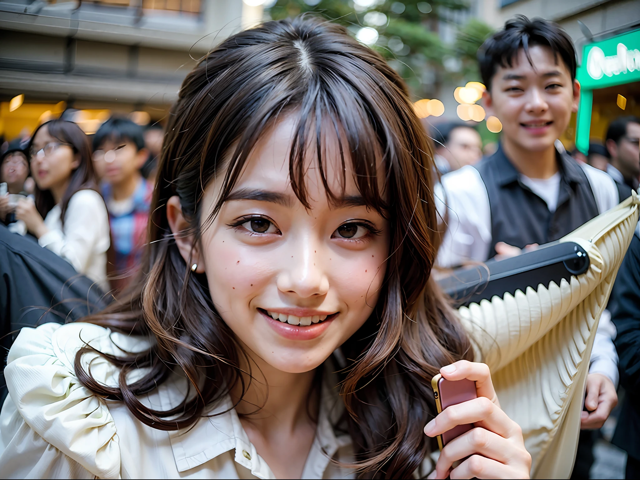 ahegao, ahe-gao, (face close-up: 1.4), one girl, smiling woman with black hair and white shirt holding a phone, chubby-chan, chiho, yoshitomo Nara, Asian face, shikamimi, very low quality, narumi kakinouchi, KANLIU666, (shy smile), very big smile, Chiho Ashima