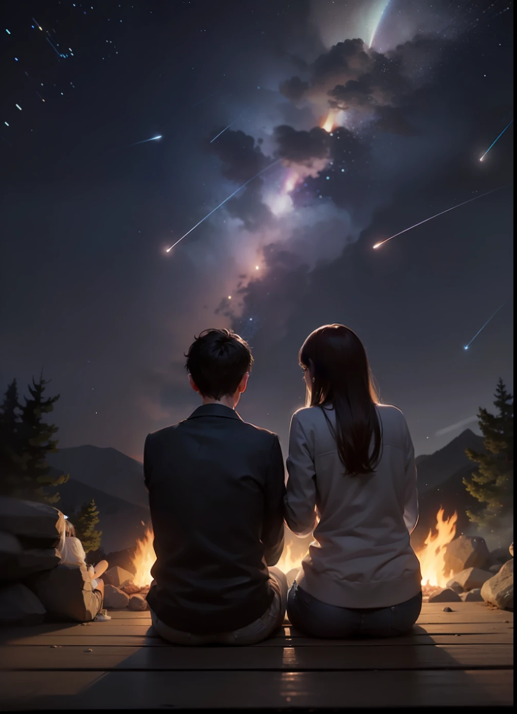 observing ( Orionids meteor shower), Orionids meteor shower, beautiful, , camping, campfire, looking at the Orionids meteor shower, from behind, from below, outdoor,(((a boy and a beautiful girl in their twenties))), in love, romance
