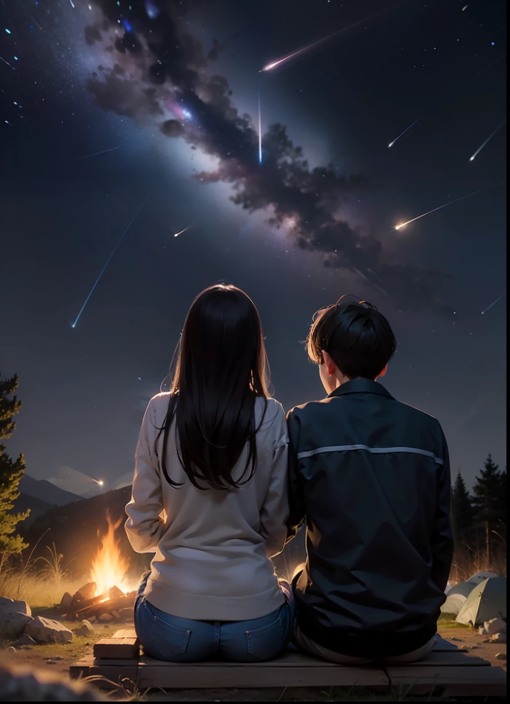observing ( Orionids meteor shower), Orionids meteor shower, beautiful, , camping, campfire, looking at the Orionids meteor shower, from behind, from below, outdoor,(((a boy and a beautiful girl in their twenties))), in love, romance