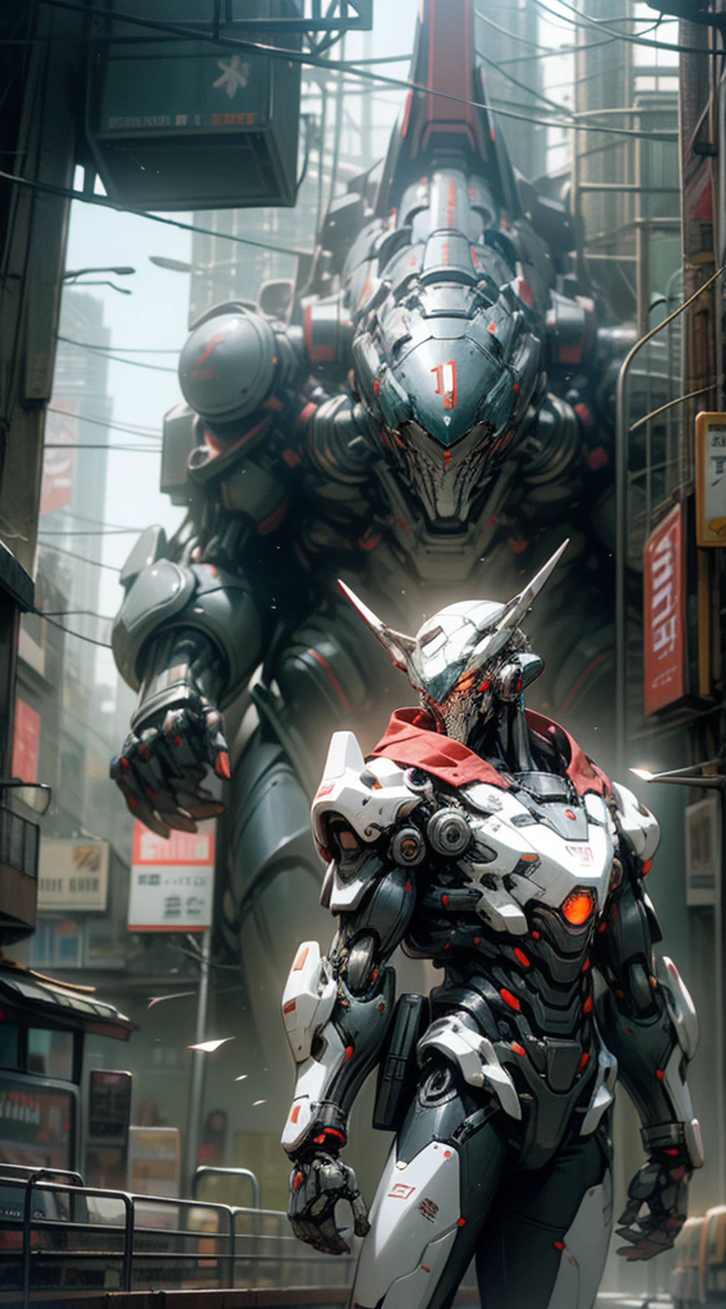 Dark_Fantasy, Cyberpunk, Full Body Mechanical Armor (Chainsaw, Chainsaw Man, Red: 1.1), 1 Man, Mechanical Marvel, Robot Presence, Cybernetics Guardian, Wearing Shabby Mechanical Suit, Complex, (Steel Metal [rusty]), Elegant, Clear Focus, Photographed by Greg Rutkowski, Soft Lighting, Bright Colors, Masterpiece, (((Street)), Cowboy Shooting, Dynamic Pose, Three Pomes