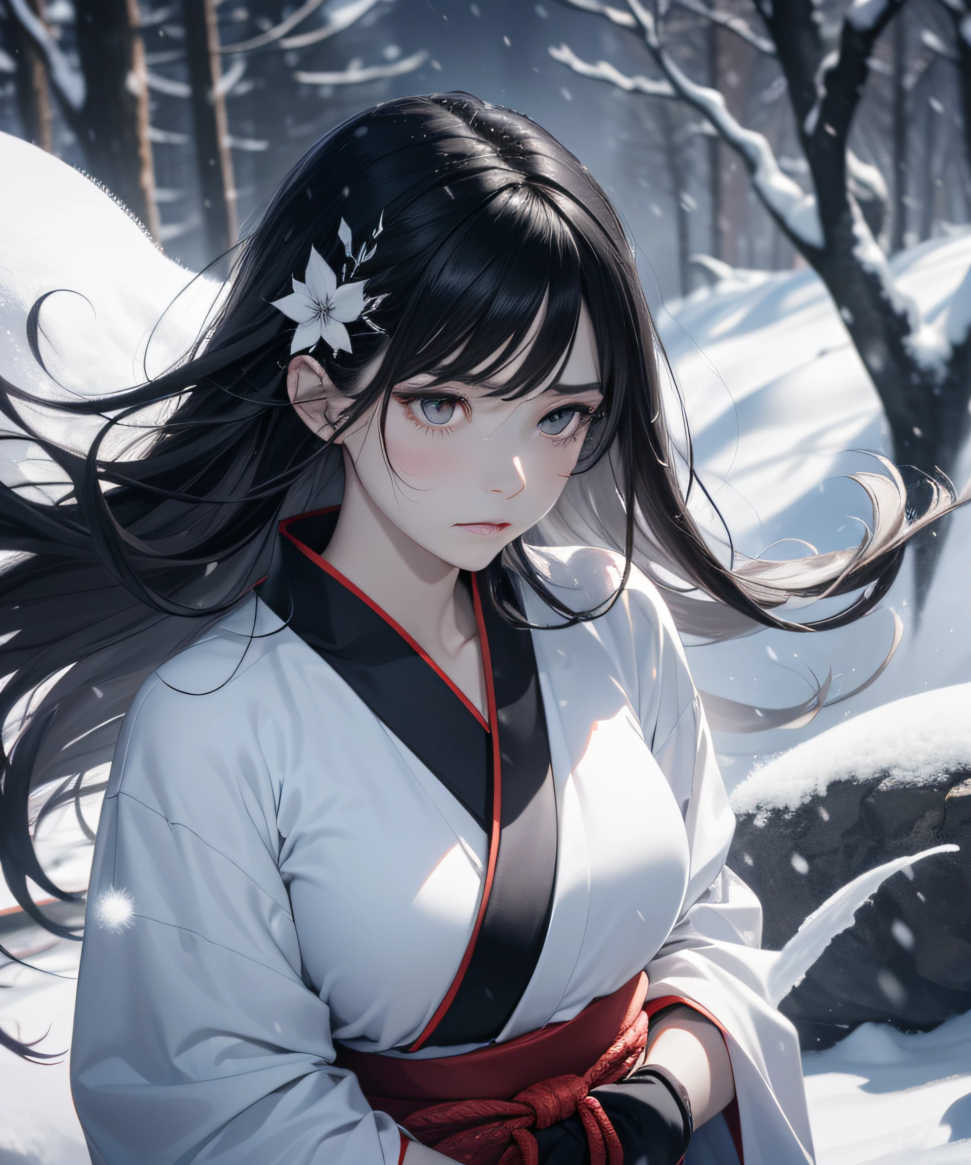 Top Quality, Realistic, Jet Black Background, High Resolution, Soft Focus, (Snowfall: 1.5), (Haze: 1.5), (In the Deep Forest), (Falling Snow), (Snowfield), (Field), ((Moonlight)), (Blowing Snow)))), (Snowstorm)))), Jet Black Night, (The ghost of a beautiful snow woman with jet-black long black hair in a white silver yukata), Anger, Fury, Melancholy, Shaking black hair, Glossy, Shining skin, Beautiful and beautiful, bewitching, chaotic, depth of field, (Ghost: 1.5), ((Lose yourself in anger and forget the cold)), ((Throw your arms forward)), (Arms forward like Kyonshi), (Monochrome: 1.5), (B&W: 1.5), (Platinum eyes glaring at you), (Clear white-silver skin)