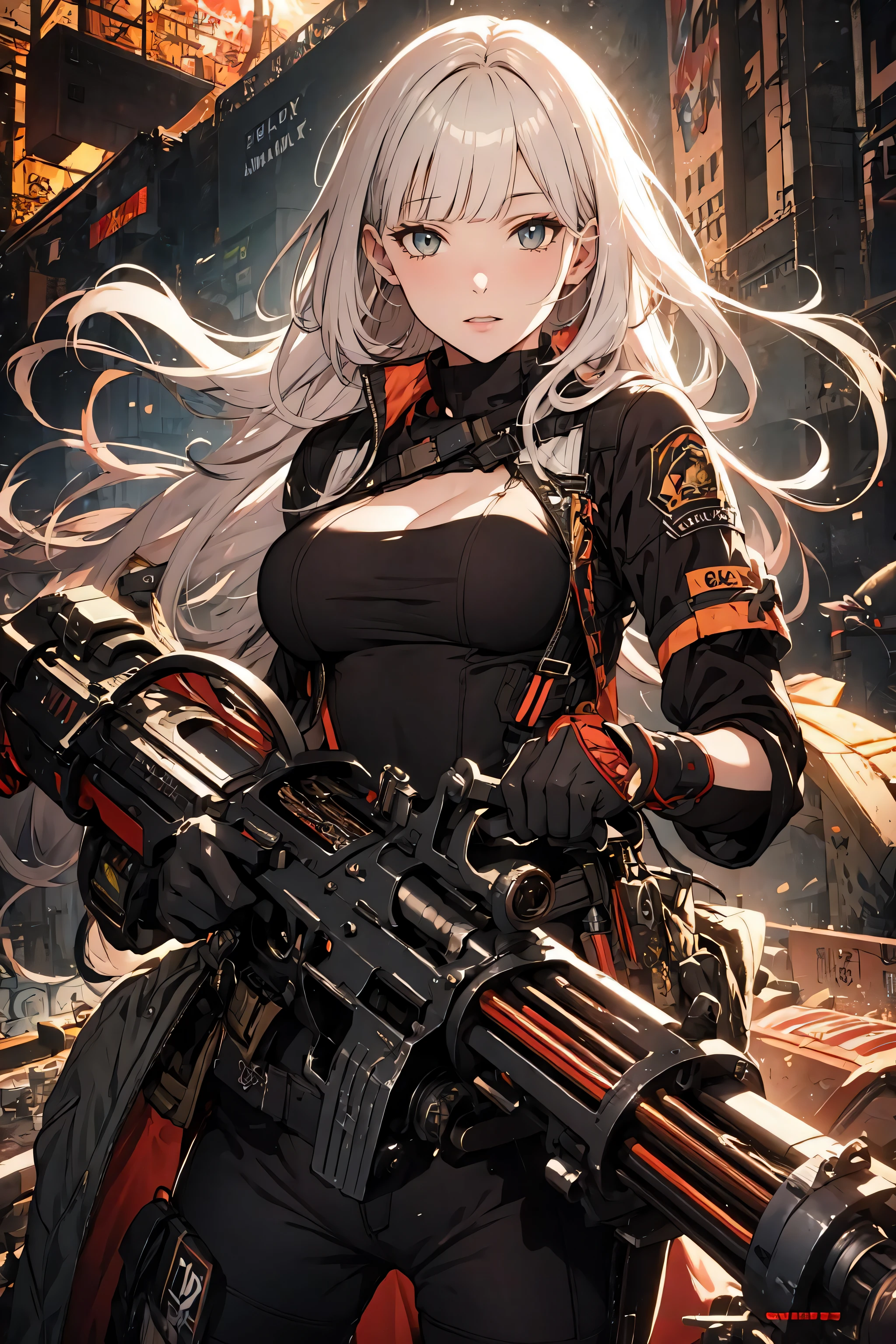 masterpiece, top quality, best quality, official art, beautiful and aesthetic,
1girl,gatling gun, shell casing, looking at viewer, bangs, ammunition belt, gloves,breasts,firing,
extreme detailed,highest detailed, optical mixing, playful patterns, lively texture, unique visual effect,
