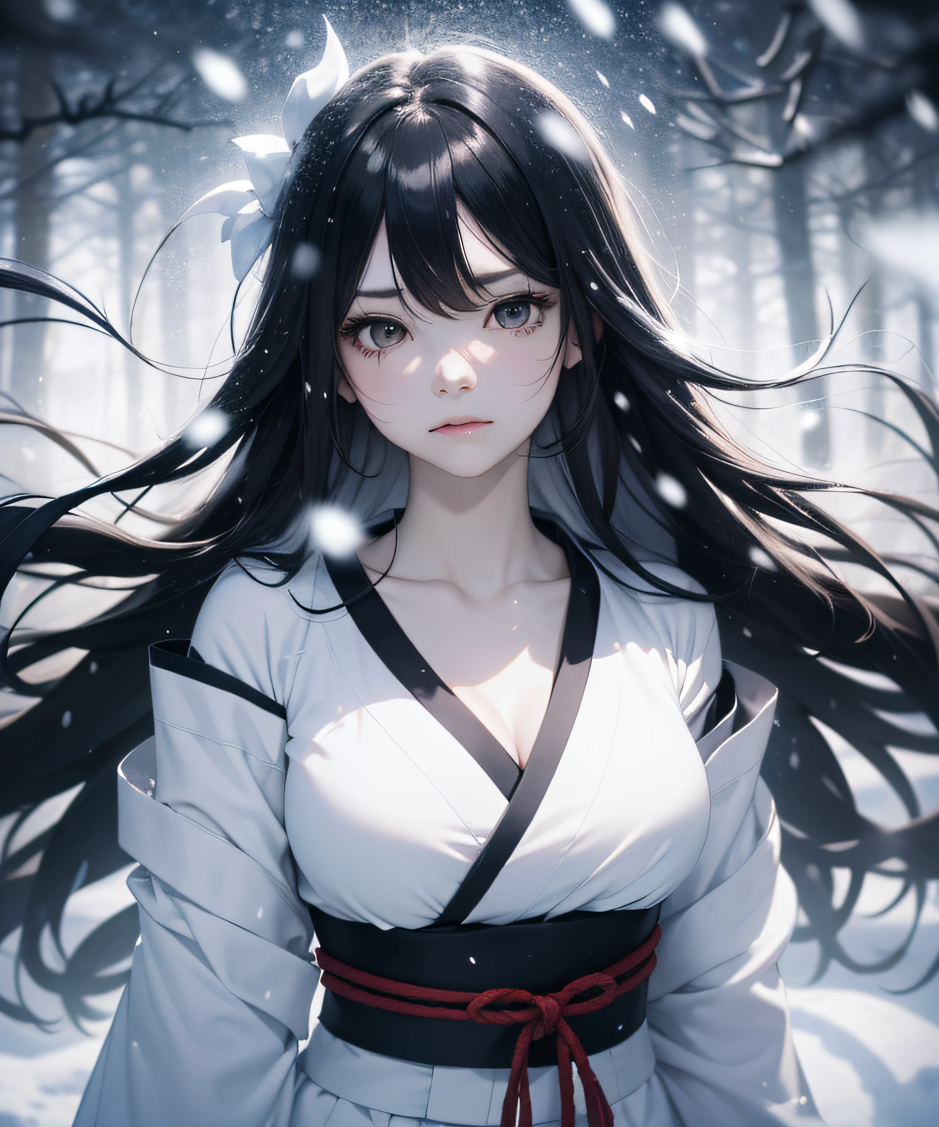 Top Quality, Realistic, Jet Black Background, High Resolution, Soft Focus, (Snowfall: 1.5), (Haze: 1.5), (In the Deep Forest), (Falling Snow), (Snowfield), (Field), ((Moonlight)), (Blowing Snow)))), (Snowstorm)))), Jet Black Night, (The ghost of a beautiful snow woman with jet-black long black hair in a white silver yukata), Anger, Fury, Melancholy, Shaking black hair, Glossy, Shining skin, Beautiful and beautiful, bewitching, chaotic, depth of field, (Ghost: 1.5), ((Lose yourself in anger and forget the cold)), ((Throw your arms forward)), (Arms forward like Kyonshi), (Monochrome: 1.5), (B&W: 1.5), (Platinum eyes glaring at you), (Clear white-silver skin)