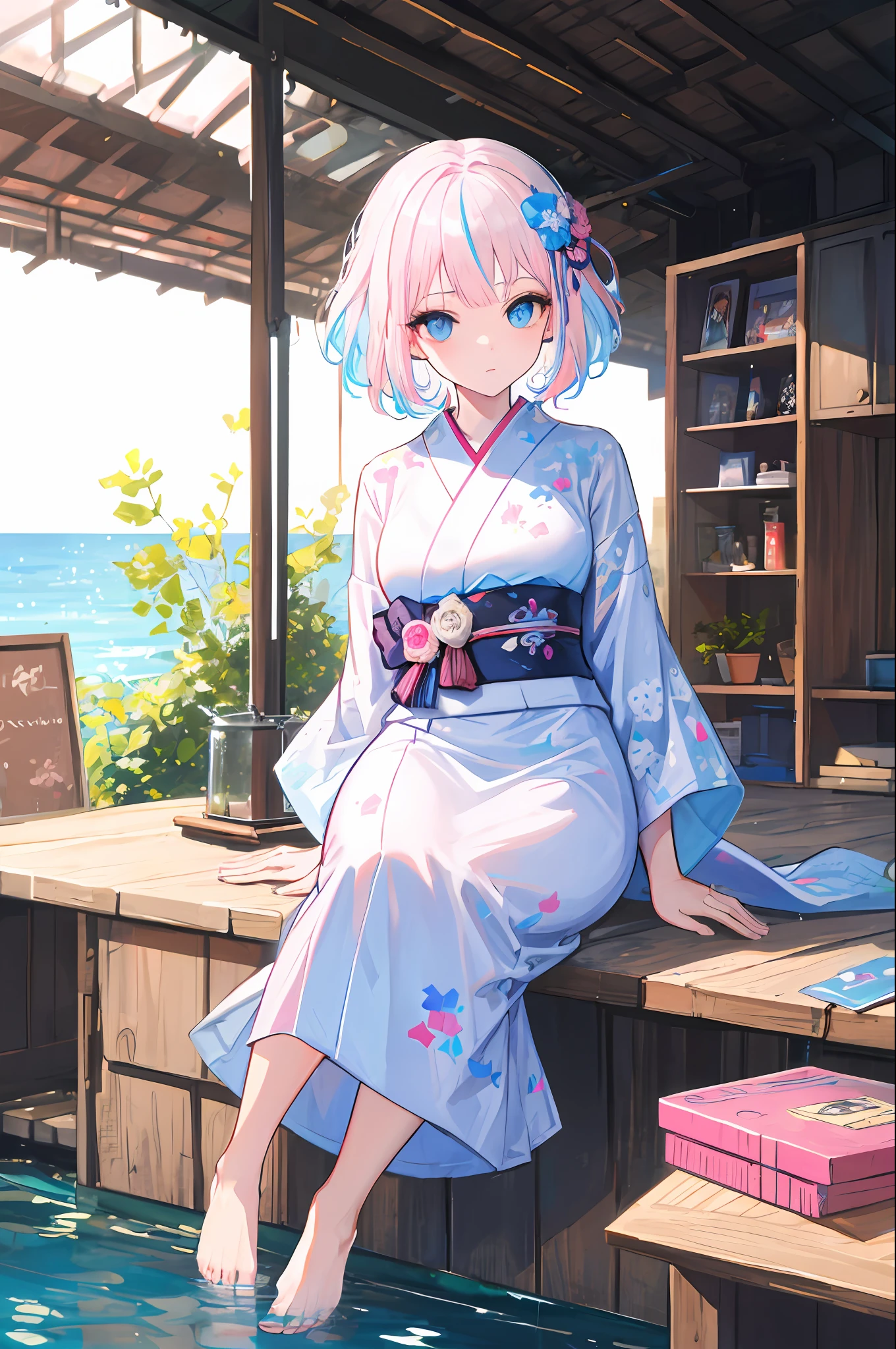 [(Transparent background: 1.5)::5],(((Masterpiece)))),(Highest image quality))),(Ultra)),Illustration,1 woman,Solo,Mysterious,Brightly color,Glossy,Underwater transparent sealed hemispherical glass dome,(((iridescent hair, colorful hair, half blue and half pink hair))), blue eyes, full body, yukata, kimono, barefoot, short hair, quiet nature, carp, underwater, dome, close-up, Dynamic action, lens perspective, ((((box configuration))), sitting cross-leaning legs on a bookcase, (arm + hand + thumb + 4 fingers),(Impressionist: 1.4)