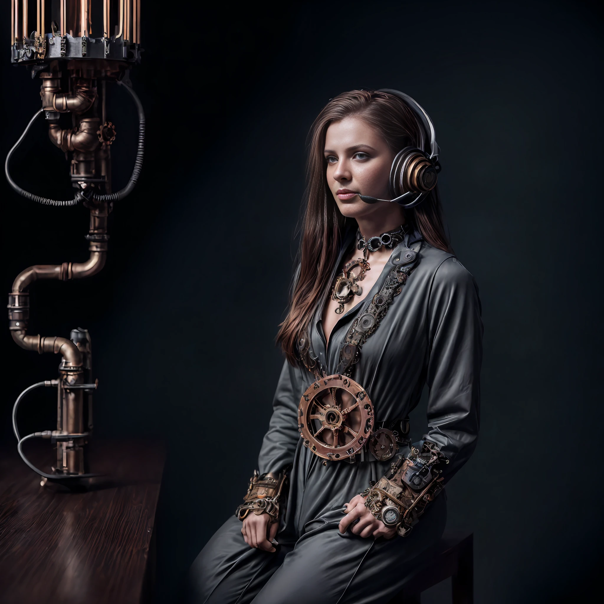 (8K, best quality:1.2), (masterpiece:1.37), (photo, photorealistic:1.37), (ultrahigh-res), one girl, full body, sitting on a chair, shot from side, profile, slow motion, female steampunk engineer, (wearing a gray jumpsuit with steampunk details:1.2),(ornately decorated intercom headset:1.3), (ornately decorated choker), (insanely detailed steampunk, bloom:1.5), (highest quality, Alessandro Casagrande, Greg Rutkowski, Sally Mann, concept art, 4k), (analog:1.2), (high sharpness), (detailed pupils:1.1), detailed face and green eyes, Masterpiece, best quality, (highly detailed photo:1.1), (long ginger Hair, ponytail,ecstatic:1.1), (young woman:1.1), sharp, (perfect body:1.1), realistic, real shadow, 3d, (steampunk workshop interior filled with lots of steam pipes background:1.2), photographed by Canan EOS R6, 135mm, 1/1250s, f/2.8, ISO 400