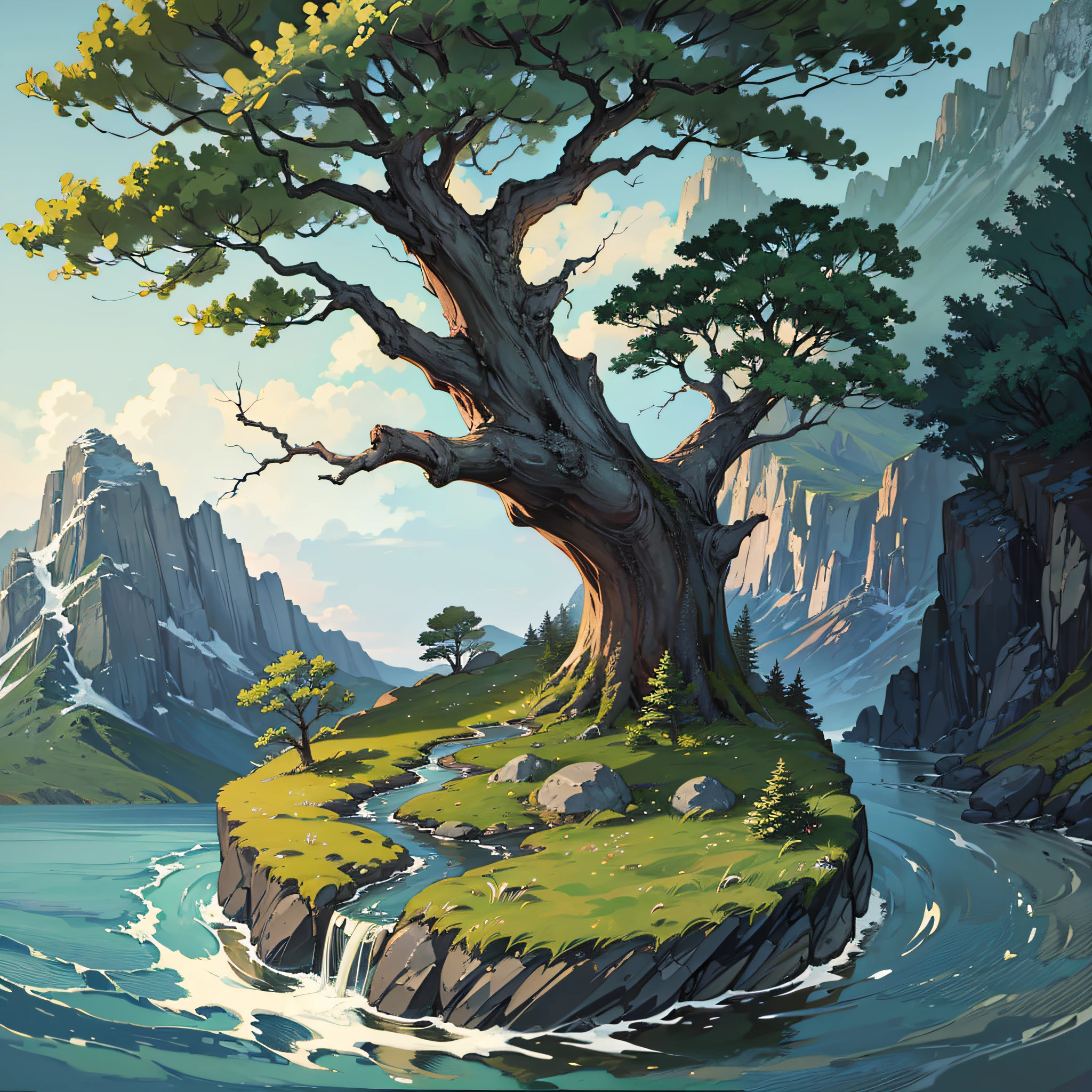 mountainous landscape with mountain moss, stone, green moss, brown moss, tree, oak, tree bark with moss, realistic painting, atmospheric, night, midnight --auto --s2