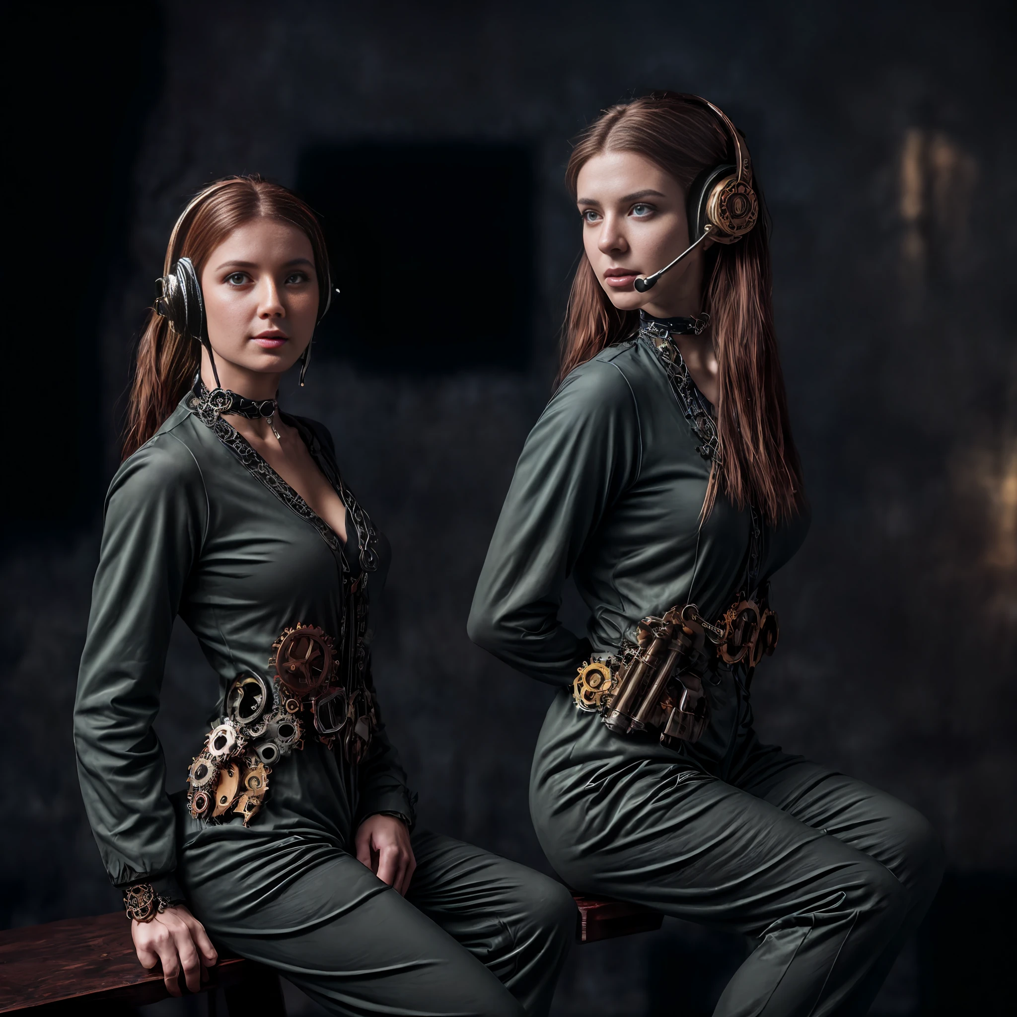 (8K, best quality:1.2), (masterpiece:1.37), (photo, photorealistic:1.37), (ultrahigh-res), one girl, full body, sitting on a chair, shot from side, profile, slow motion, female steampunk engineer, (wearing a gray jumpsuit with steampunk details:1.2),(ornately decorated intercom headset:1.3), (ornately decorated choker), (insanely detailed steampunk, bloom:1.5), (highest quality, Alessandro Casagrande, Greg Rutkowski, Sally Mann, concept art, 4k), (analog:1.2), (high sharpness), (detailed pupils:1.1), detailed face and green eyes, Masterpiece, best quality, (highly detailed photo:1.1), (long ginger Hair, ponytail,ecstatic:1.1), (young woman:1.1), sharp, (perfect body:1.1), realistic, real shadow, 3d, (steampunk workshop interior filled with lots of steam pipes background:1.2), photographed by Canan EOS R6, 135mm, 1/1250s, f/2.8, ISO 400