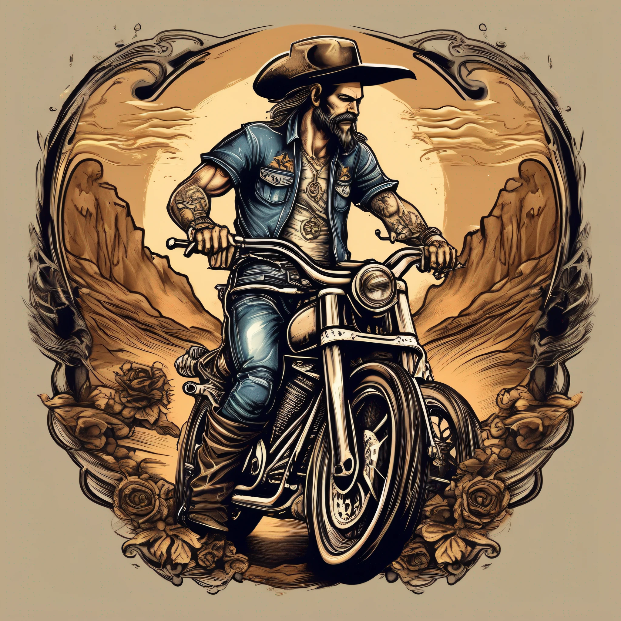 T-shirt design, a cowboy on top of a custom bike, tattoo style