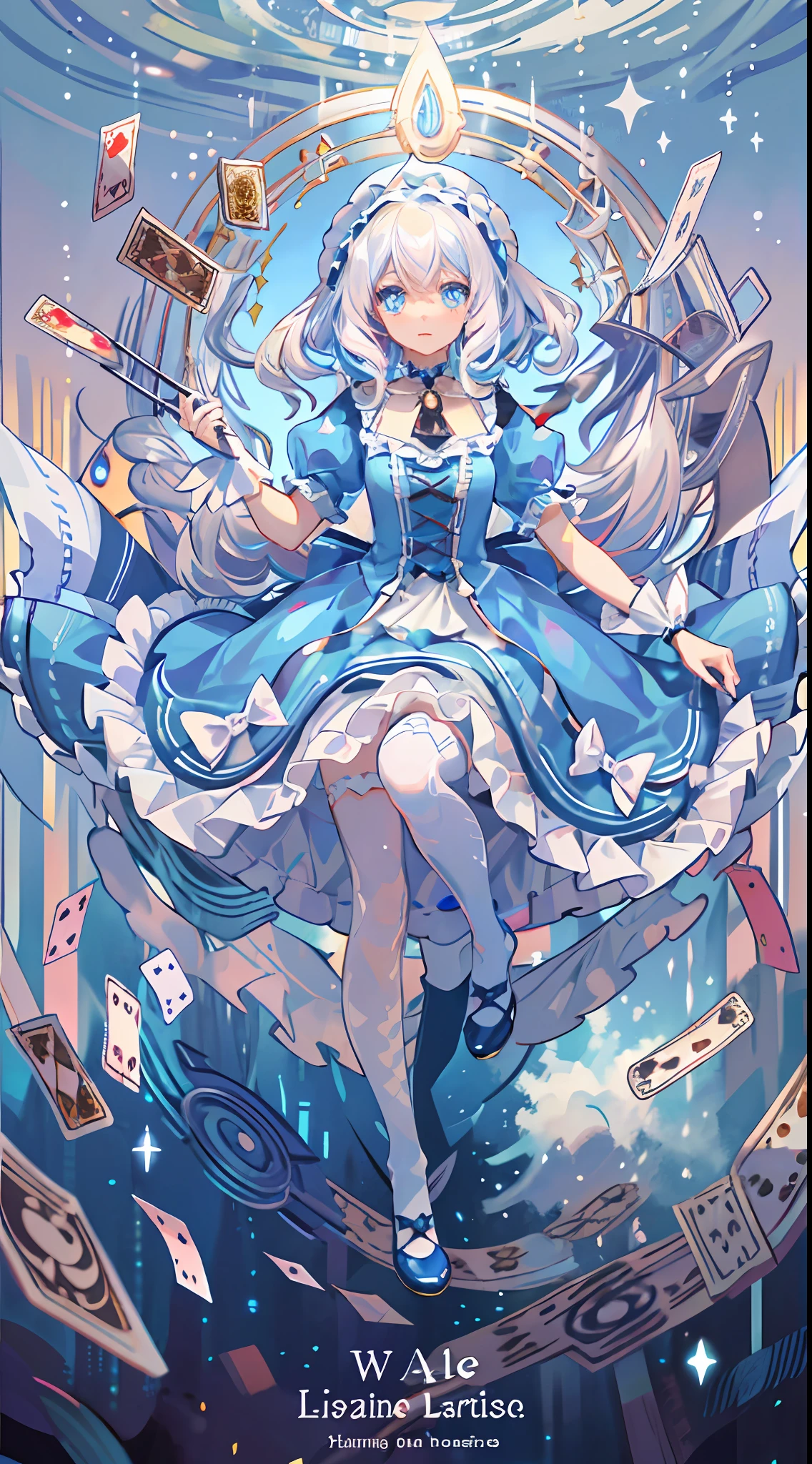 (Beautiful Detailed Eyes), Movie Lighting, White Hair, Blue Eyes, Long Blonde Hair, Curly Hair, Roman Curls, Puff Sleeves, Frills, Glowing Eyes, (Illuminated Particles), Cloudy Wrapper, Alice in Wonderland, Blue Eyes, Light Blue Dress, Cane, Dramatic Composition, Extreme Detail, High Resolution, Mr. Rabbit, White Rabbit, Pocket Watch, Playing Cards Flying in the Air, Lolita Dress, Blue and White Striped Stockings, Bow, Look at the Camera, Socks with Frills, Pearl Necklace, Lace Gloves, Large Bow Headdress, Ribbon, Jumping, falling, levitating, cloudy, starry, dreamy