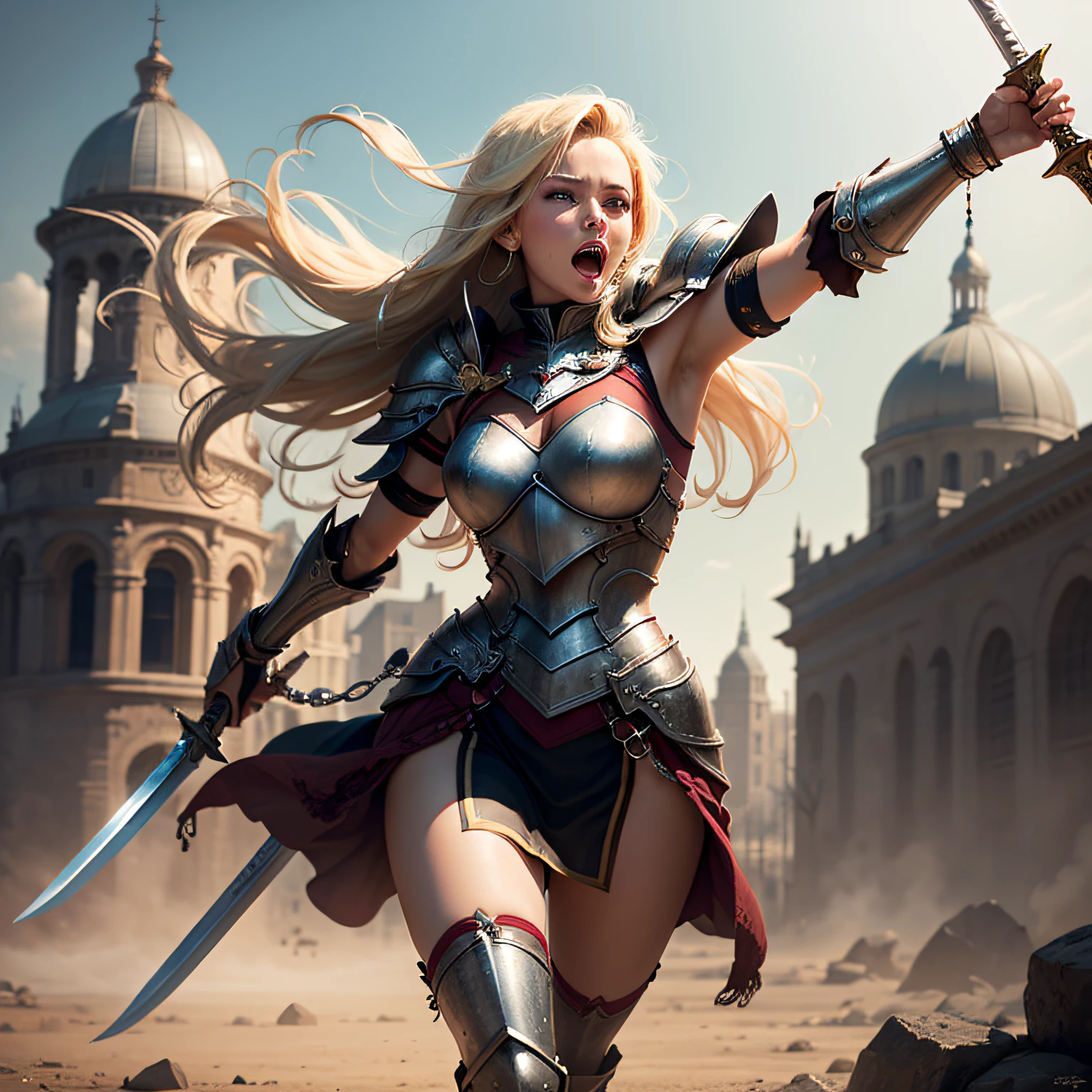 A blonde beauty, dressed in armor and holding a large sword, pointed forward, shouting for freedom. --auto