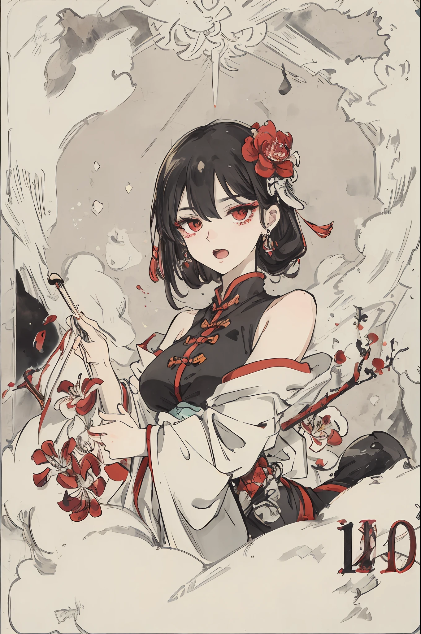 ((High resolution)), (Open Mouth), (Bust), (Top Quality), ((Super Fine)) (Super Fine CG)), ((8k_wallpaper)), Dynamic Angle, Floating, (Eyes with Beautiful Details), Very Delicate and Beautiful Girl, Upper Body, Ink Painting, (Chinese Style), Dark Eyes, Burning, Detail Light. from_low, (black hair), (red spider) lily: 1.33), aqua eye, (hair flower: 1.3), Bloom, single, starry sky, hair accessories, earrings, jewelry, messy hair, bare shoulders, half-closed eyes, bloom, (men), (Hanfu: 1.3), (Medium breasts): 1.2), (Eyeshadow, Red Eyeliner: 1.15), (Eyeshadow, Red Eyeliner: 1.15), (Eyeshadow, Red Eyeliner: 1.15), (Visible Eyes Through Hair: 1.2), (Solo Exhibition), Red Moon