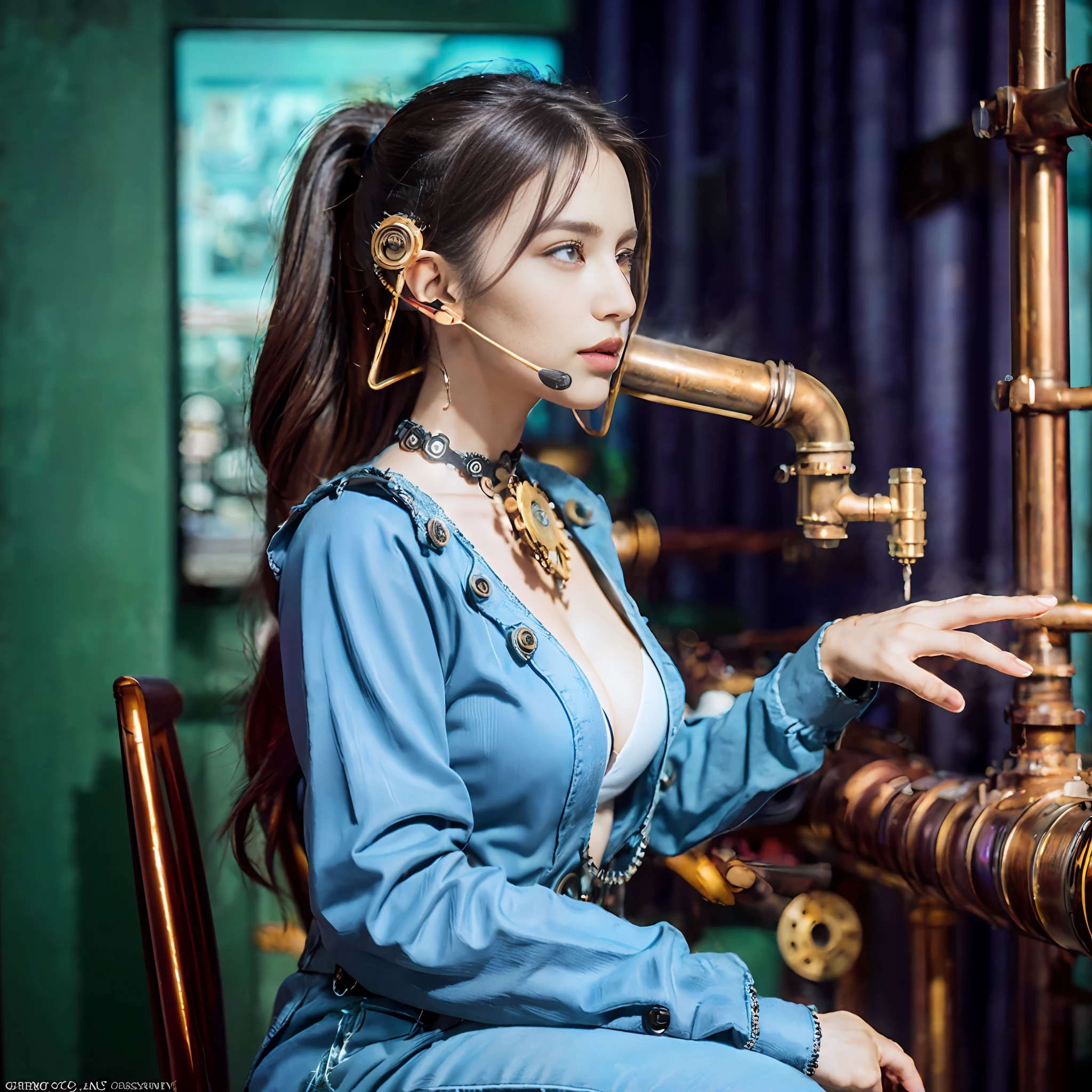 (8K, best quality:1.2), (masterpiece:1.37), (photo, photorealistic:1.37), (ultrahigh-res), one girl, full body, sitting on a chair, shot from side, profile, slow motion, female steampunk engineer, (wearing a gray jumpsuit with steampunk details:1.2),(ornately decorated intercom headset:1.3), (ornately decorated choker), (insanely detailed steampunk, bloom:1.5), (highest quality, Alessandro Casagrande, Greg Rutkowski, Sally Mann, concept art, 4k), (analog:1.2), (high sharpness), (detailed pupils:1.1), detailed face and green eyes, Masterpiece, best quality, (highly detailed photo:1.1), (long ginger Hair, ponytail,ecstatic:1.1), (young woman:1.1), sharp, (perfect body:1.1), realistic, real shadow, 3d, (steampunk workshop interior filled with lots of steam pipes background:1.2), photographed by Canan EOS R6, 135mm, 1/1250s, f/2.8, ISO 400