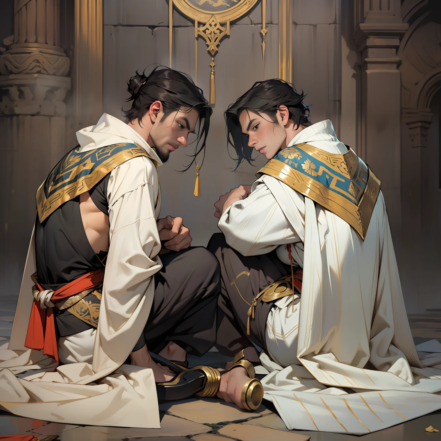 Two identical men, dressed in ancient costumes, with a sword in the middle, sitting with their backs to each other, cool background, immortal cultivation type, multiple special effects