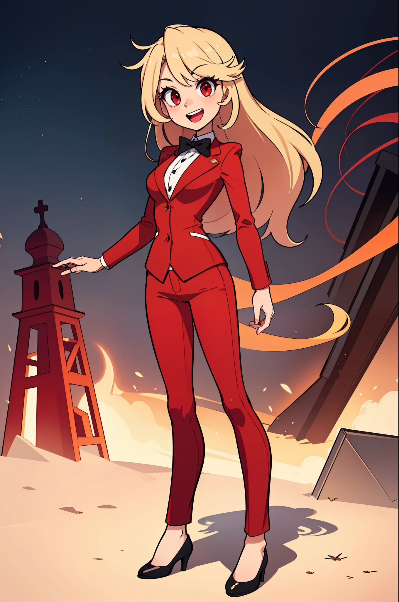 (masterpiece, best quality:1.2), full body, standing, solo, 1girl, charlie morningstar, \:d, looking at viewer, long hair, red suit, red pants, mature women, red eyes, black bow tie, black shoes