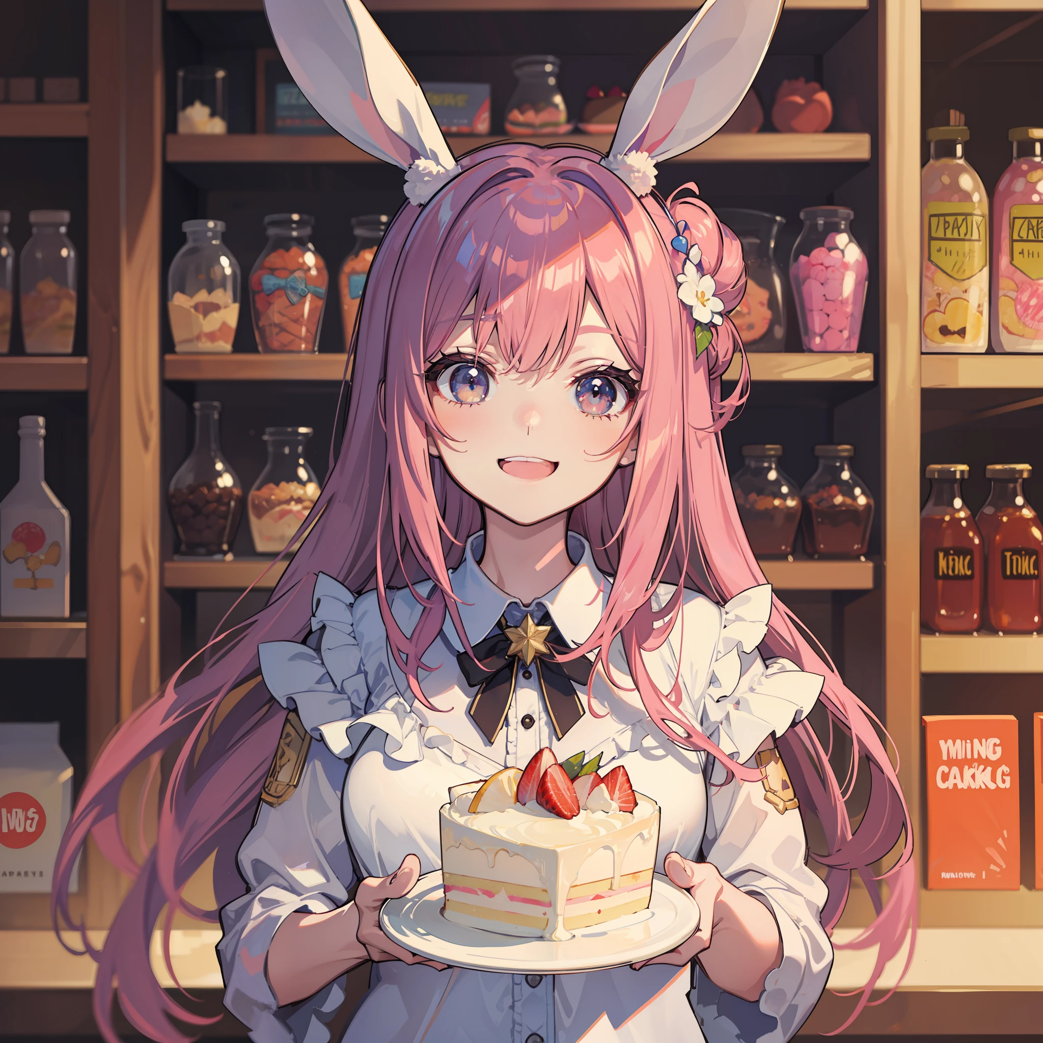 Rabbit-eared girl eating cake smile in store
