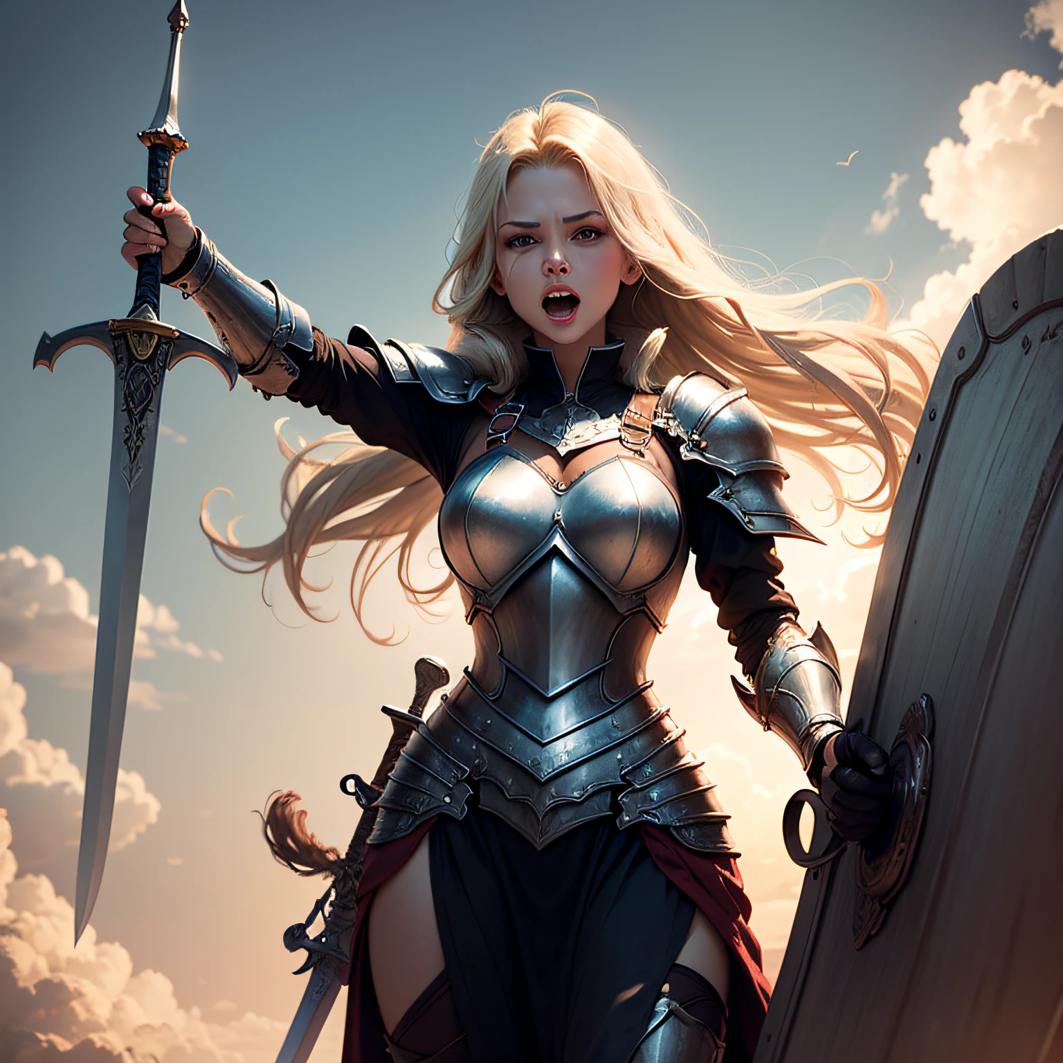 A blonde beauty, dressed in armor and holding a large sword, pointed forward, shouting for freedom. --auto