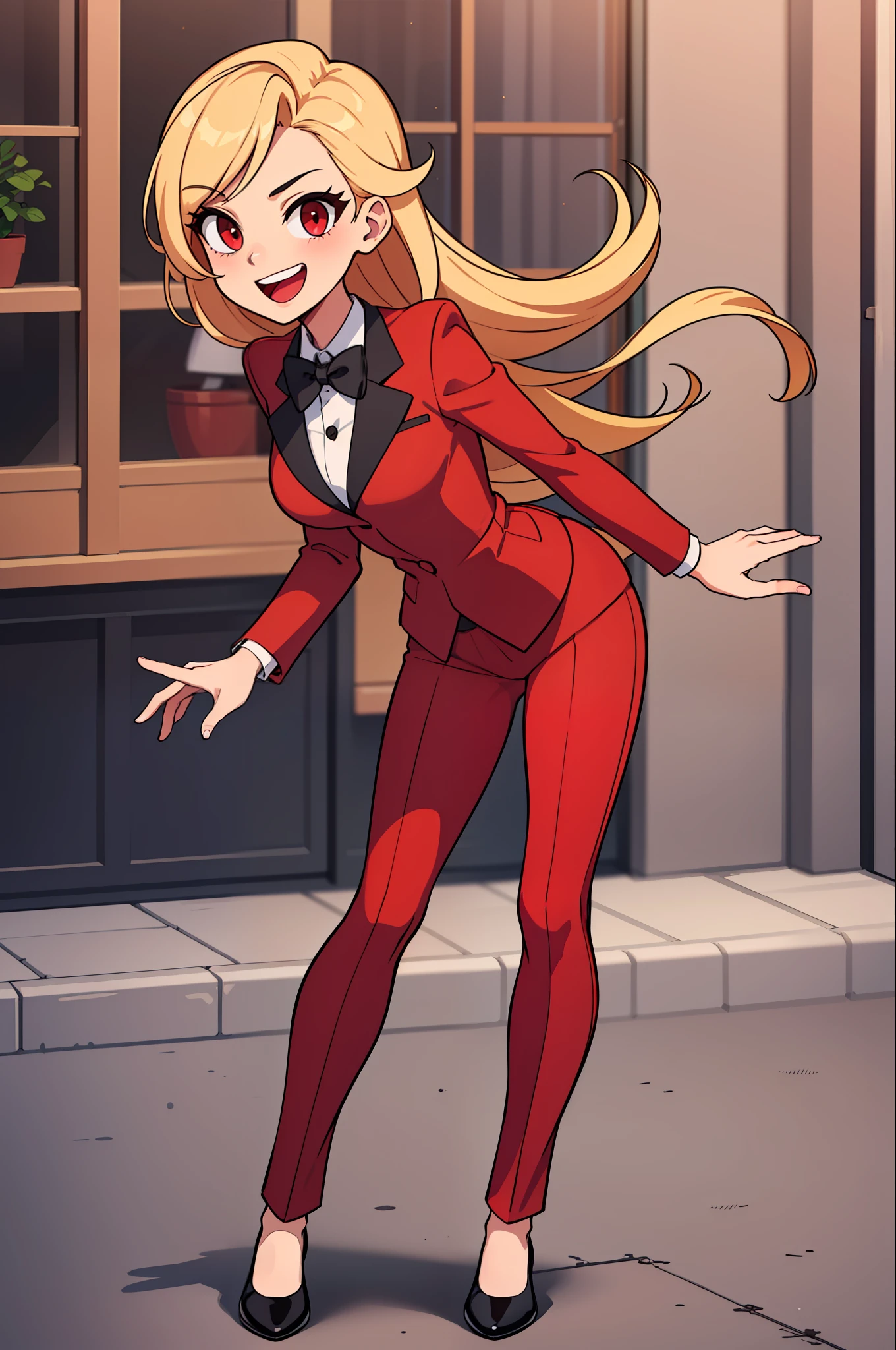 (masterpiece, best quality:1.2), full body, standing, solo, 1girl, charlie morningstar, \:d, looking at viewer, long hair, red suit, red pants, mature women, red eyes, black bow tie, black shoes