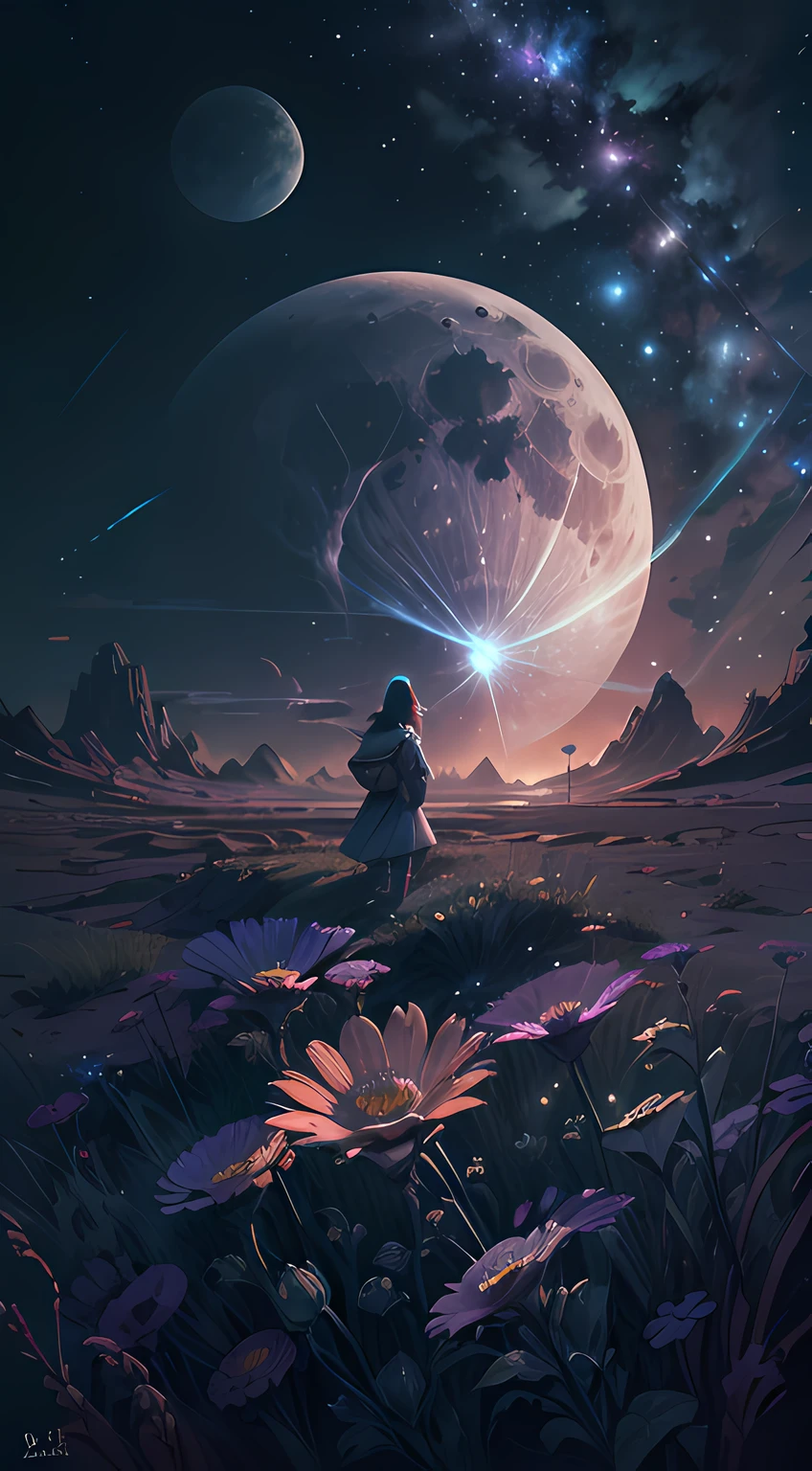expansive landscape photograph, (Look below.), Above is the sky, Below is an open field), A girl standing on a flower field looking up, (Full Moon: 1.2), (Meteor: 0.9), (Nebula: 1.3), distant mountain, Tree BREAK making art, (Warm light source: 1.2), (Firefly: 1.2), lights, Lots of purple and orange, complicated detail, volume lighting, Realism BREAK (Masterpiece: 1.2), (best quality), Ultra-detailed, (Dynamic composition: 1.4), RAWExtremely detailed, Colorful details, (Rainbow colors: 1.2), (glowing lighting, atmospheric lighting), Dreamlike, Magical, (Solo: 1.2), 4k