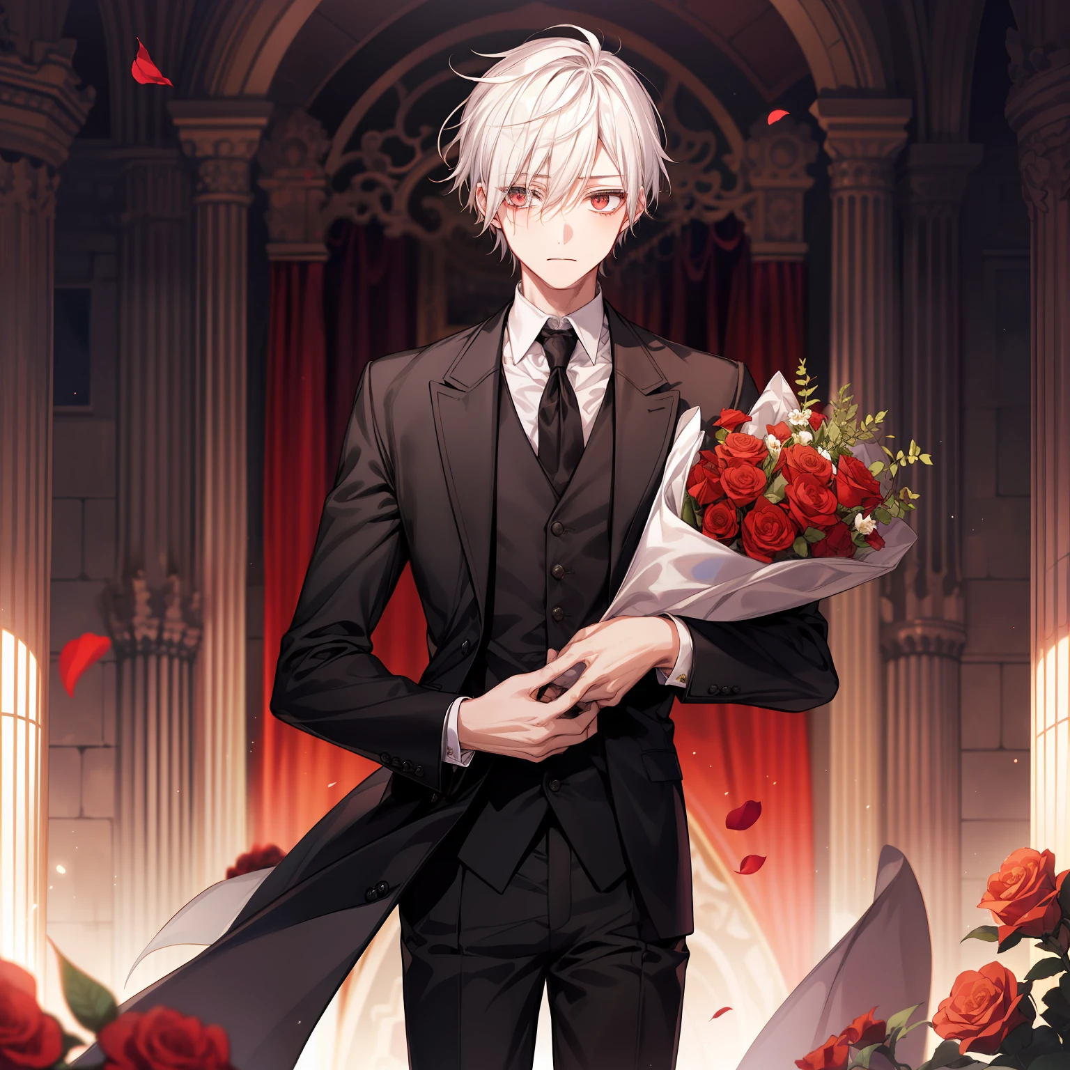 (high-quality, breathtaking),(expressive eyes, perfect face), 1boy, solo, short, young boy, short white hair, red eyes, black butler suit, wear short shorts, red roses, castle, dark, butler, dark background, sad