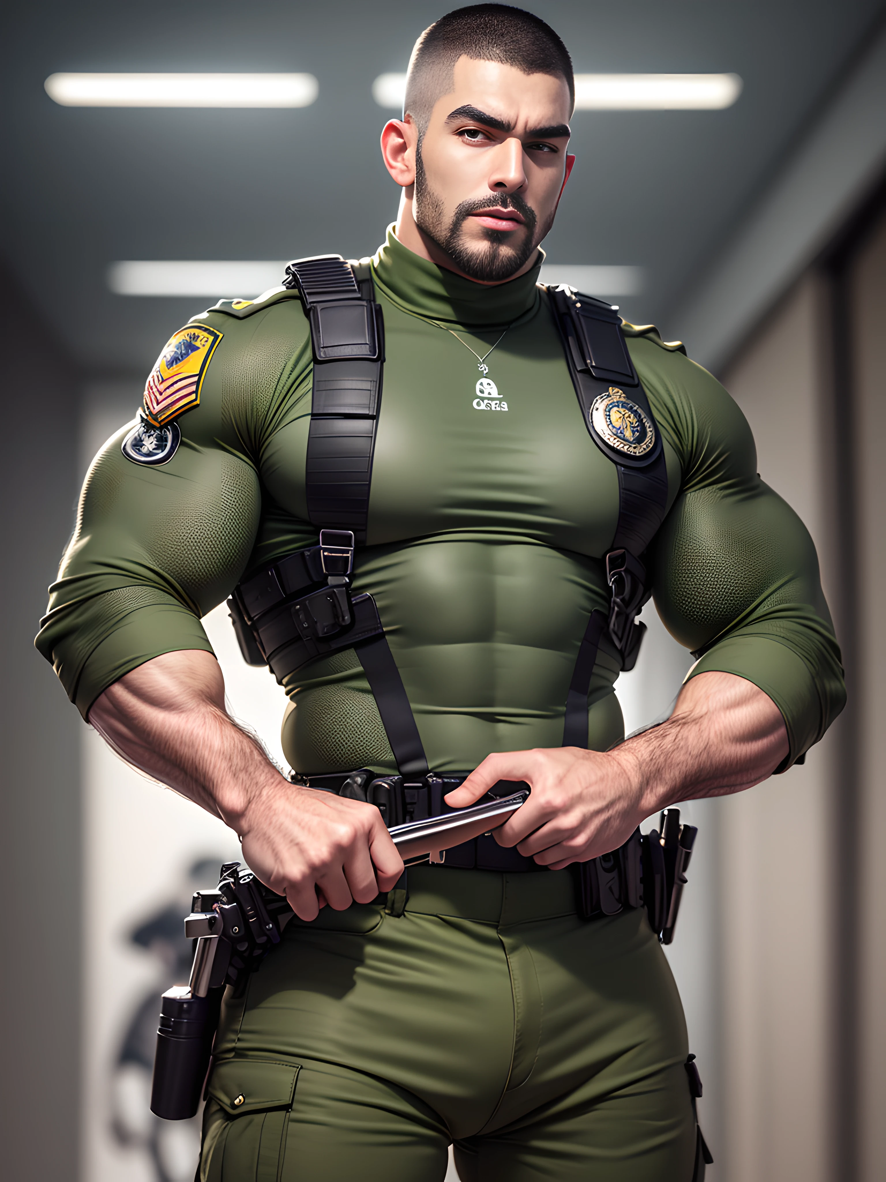 Character design (open mouth muscle special forces, Buzz Cut, tough guy) wearing long-sleeved dark black high-neck stretch tight officer uniform, officer uniform, standing in the police office, thick eyebrows, resolute expression, mouth open into an O-shape, deep and charming eyes, emerald-like pupils, he is tall, strong and burly, muscular! Sexy glamorous muscular leg muscles, tall burly, dark black long sleeve stretch turtleneck tight officer uniform, super buff and cool, high resolution committee, white sneakers with warm lights on the body, camouflage pants