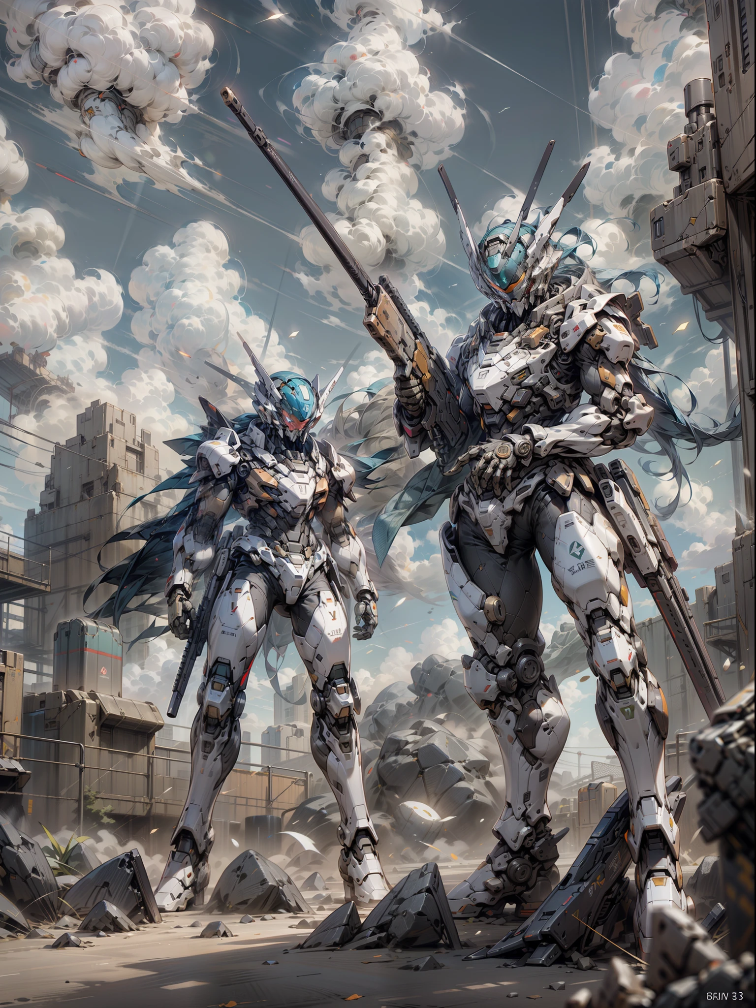 ((Best Quality)), ((Master Works)), (Very detailed: 1.3), 8K, cool painting, full of sci-fi atmosphere, gunsmith, ghost gunsmith with black all body, mask covering face, holding submachine gun in the air, super many machine gun weapons, heavy weapons, heavy machine guns, sniper rifles, cannons, Gatling machine guns scattered on the ground, carrying weapon firearms, pistols on the waist, sniper rifles on the back, super cool ghost gunsmiths, weapons gods, Gundam humanoid mecha, anime mecha aesthetics, Perfect Body Proportions, Heads-Up View, Standing Pose, Military Giant Mech, Missiles, Rocks, Futuristic Technology, Realism, Clouds in the Sky, Dark War Background, Ray Tracing, Light Particles, NVIDIA Trtx, Super Resolution, Unreal 5, Subsurface Scattering, Specular and Albedo Maps, Rule of Thirds, Large Aperture, Battle Stance, 8K Raw Data, High Efficiency Subpixels, Subpixel Convolution, Light Particle, Light Scattering, Tyndall Effect, Ray Tracing.