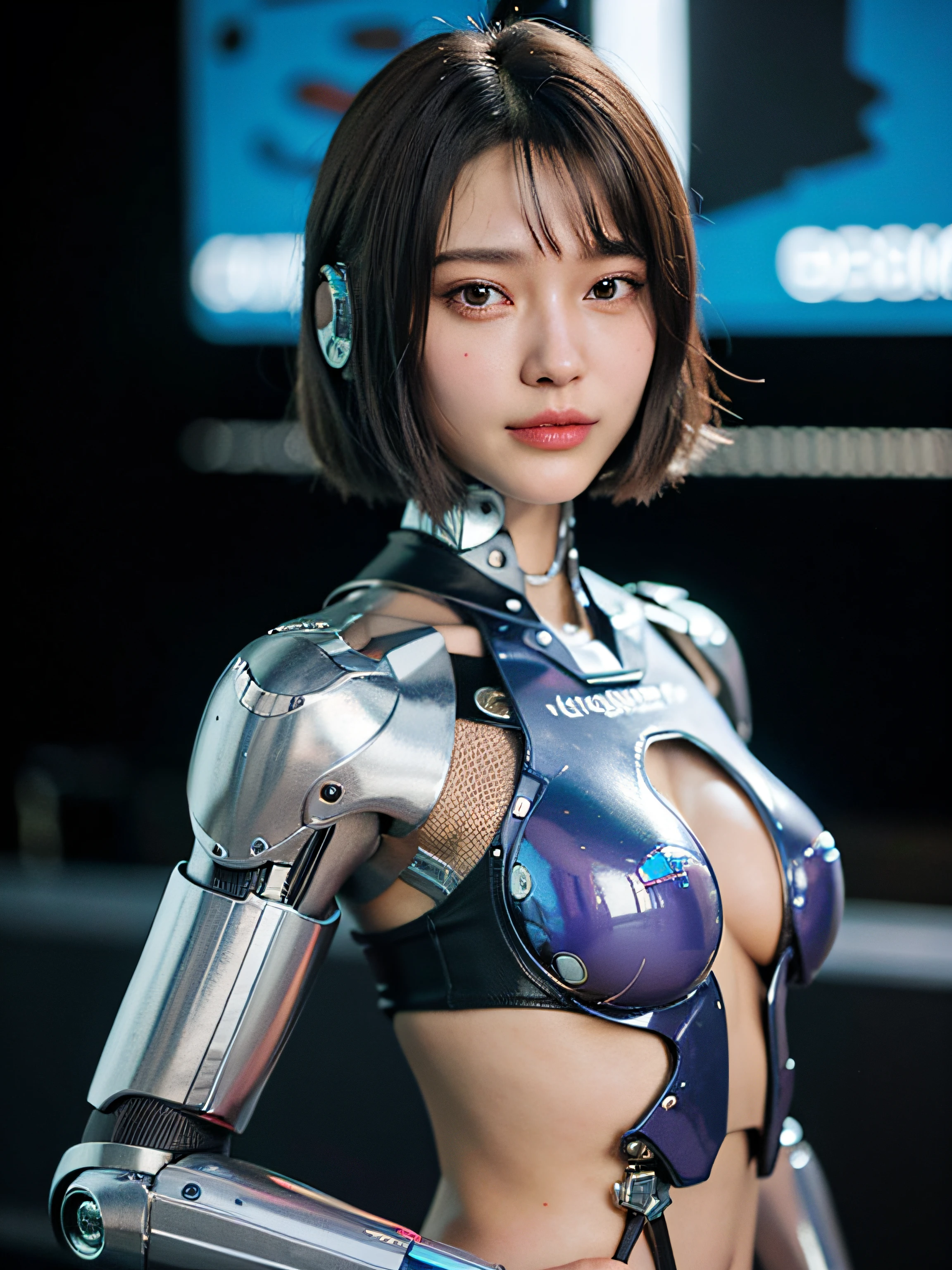 (cyborg:1.5), yoga suit, bob cut, (cyberpunk:1.4), (realism: 1.4), (best quality: 1.0), (ultra resolution: 1.0), 8k, RAW photo, (masterpiece:0.2), ultra-detailed, 1girl, pale skin, detailed skin, looking at the viewer, from the side, smirk