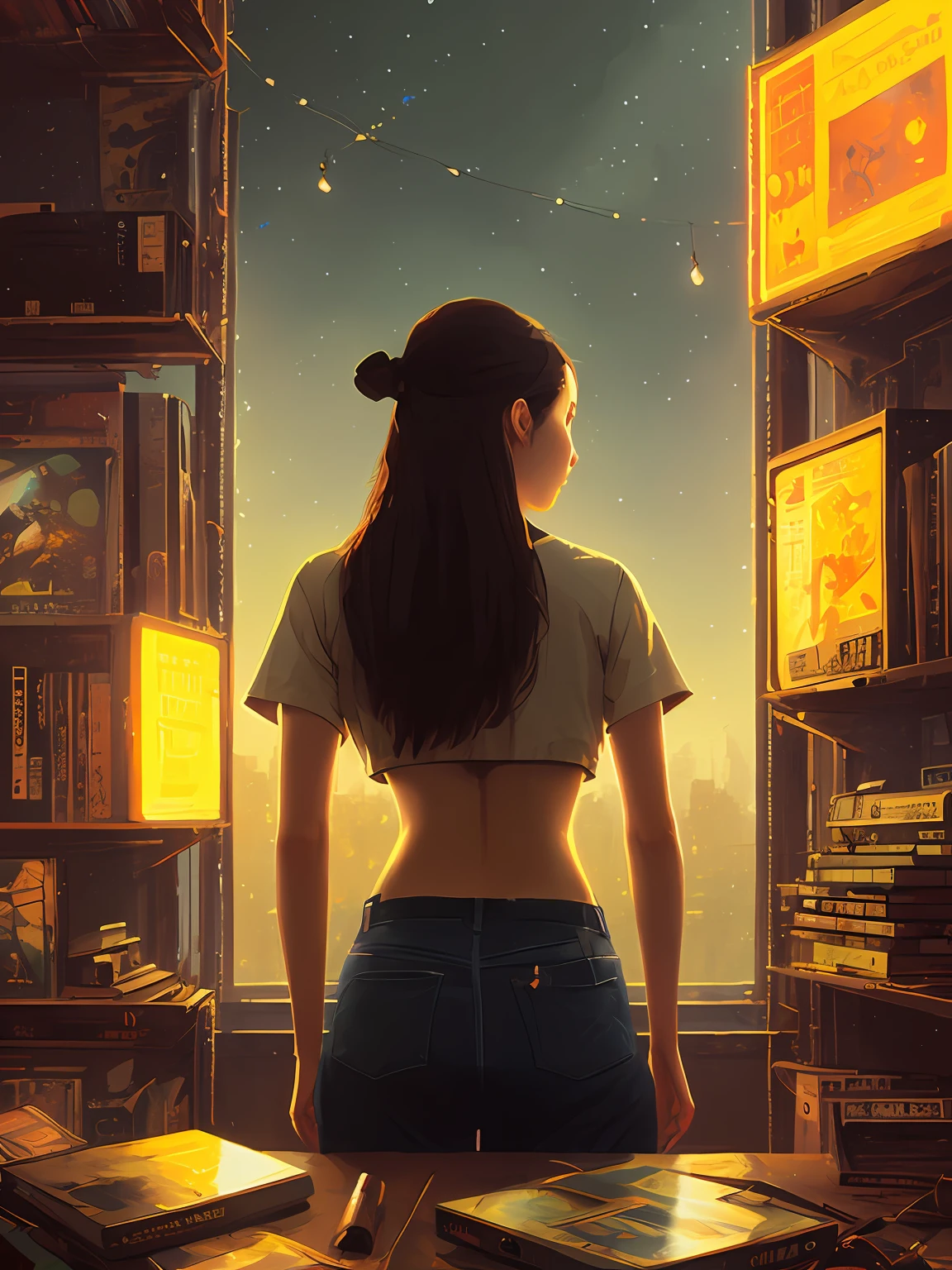 Japan person, teenage girl, small breasts, small ass, VHS effect, (poster: 1.2), wall poster, nostalgia, movie poster, (skin texture), intricate detail, fine detail, super detail, ray tracing, subsurface scattering, diffuse soft light, shallow depth of field, (Oliver Wetter) Ed Blinky, Atey Geilan, Professional spectacular oil painting by Studio Ghibli, Jeremy Mann, Greg Manchez and Antonio Moro (Greg Lutkowski: 1.4), bokeh