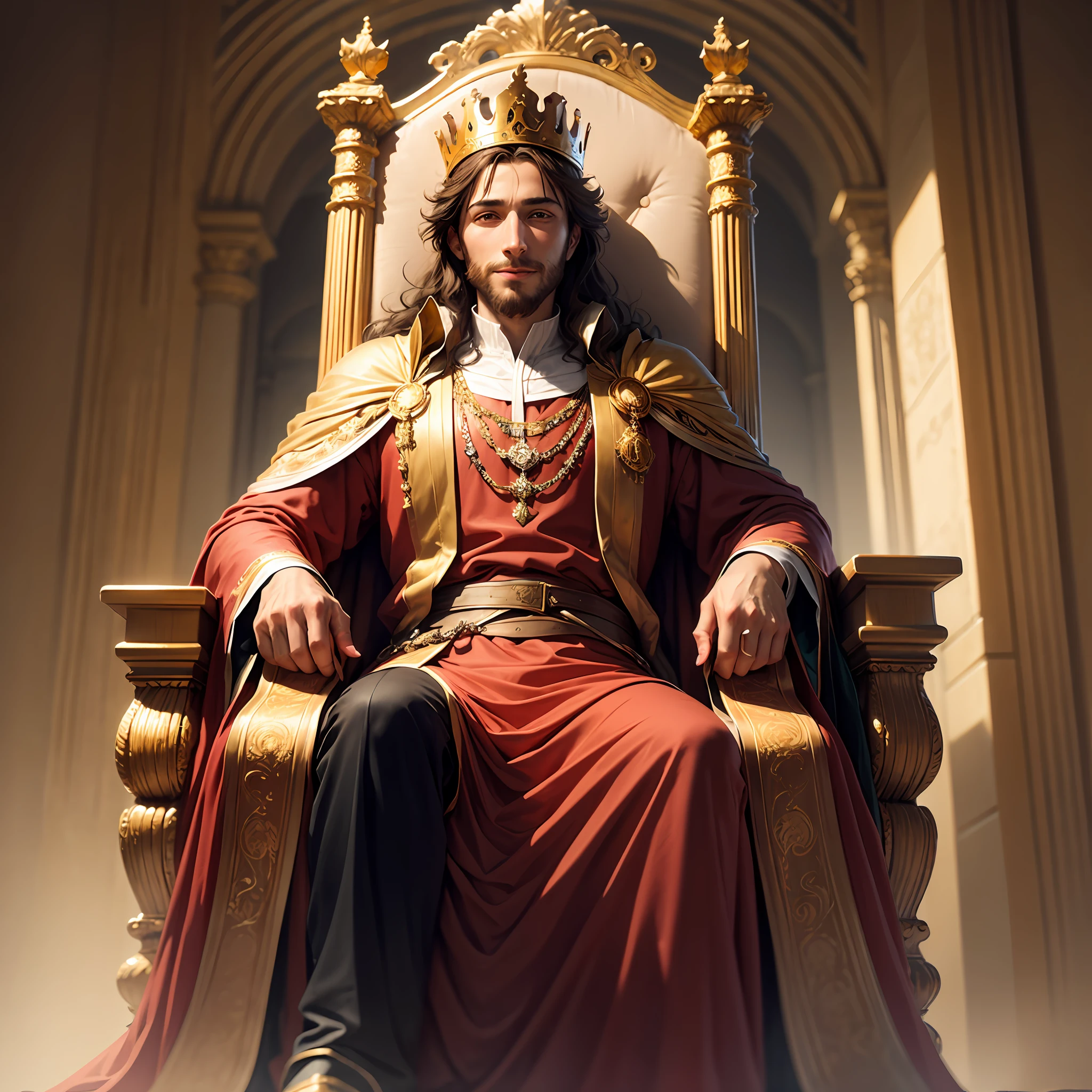 King David sitting on his throne, happy look, golden environment, king's clothes.