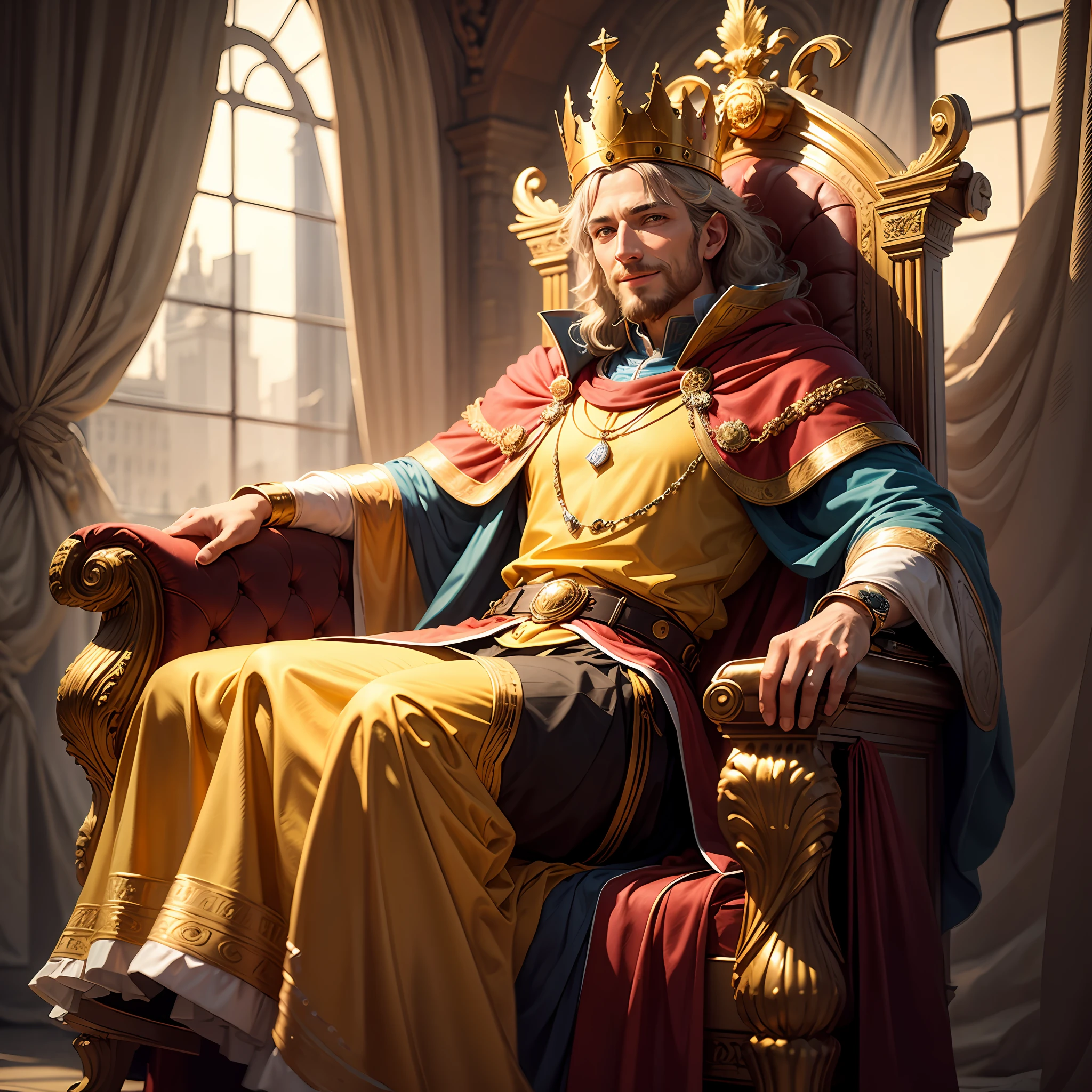 King David sitting on his throne, happy look, golden environment, king's clothes.