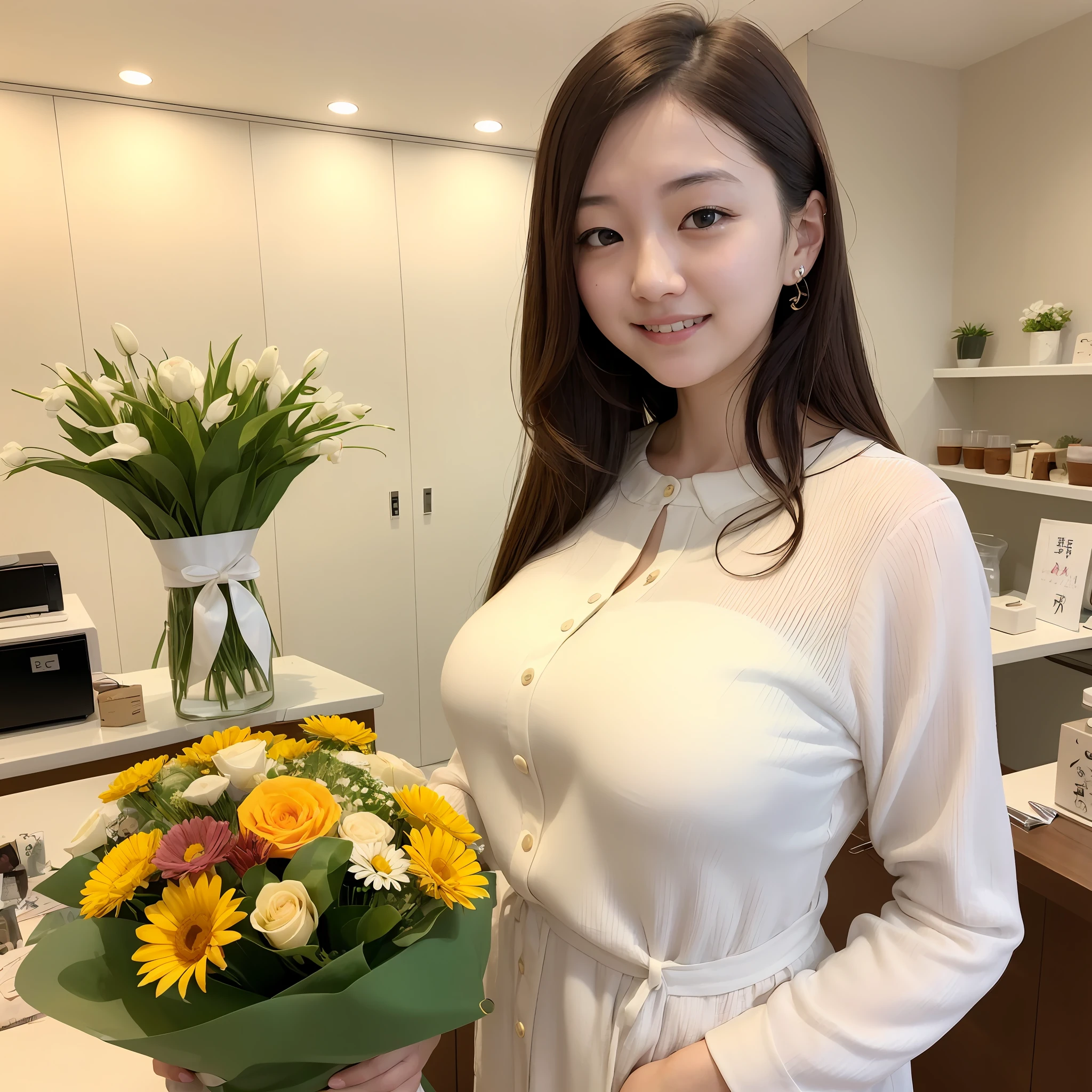 Japan woman, 24 years old, beautiful eyes, long lashes, neat, dainty, white blouse, florist clerk, smile, cute, stylish florist, big breasts, brown hair