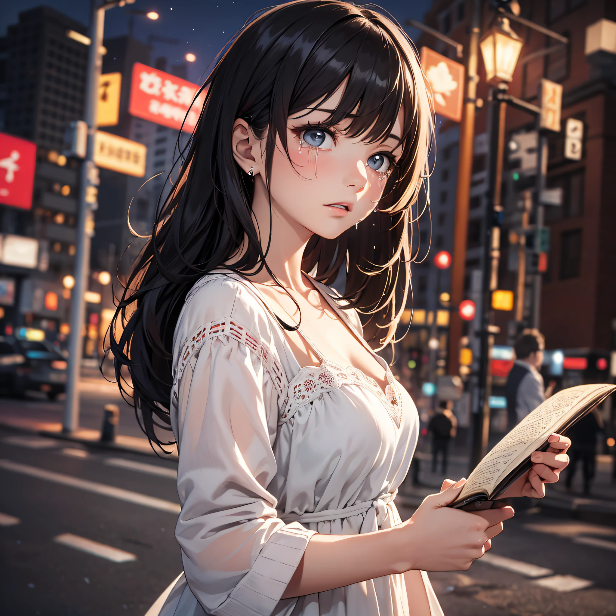 Absurd resolution, high resolution, (masterpiece: 1.4), hyperdetail, night, white dress, black haired young woman, crying expression, in the middle of an empty street, holding a red book
