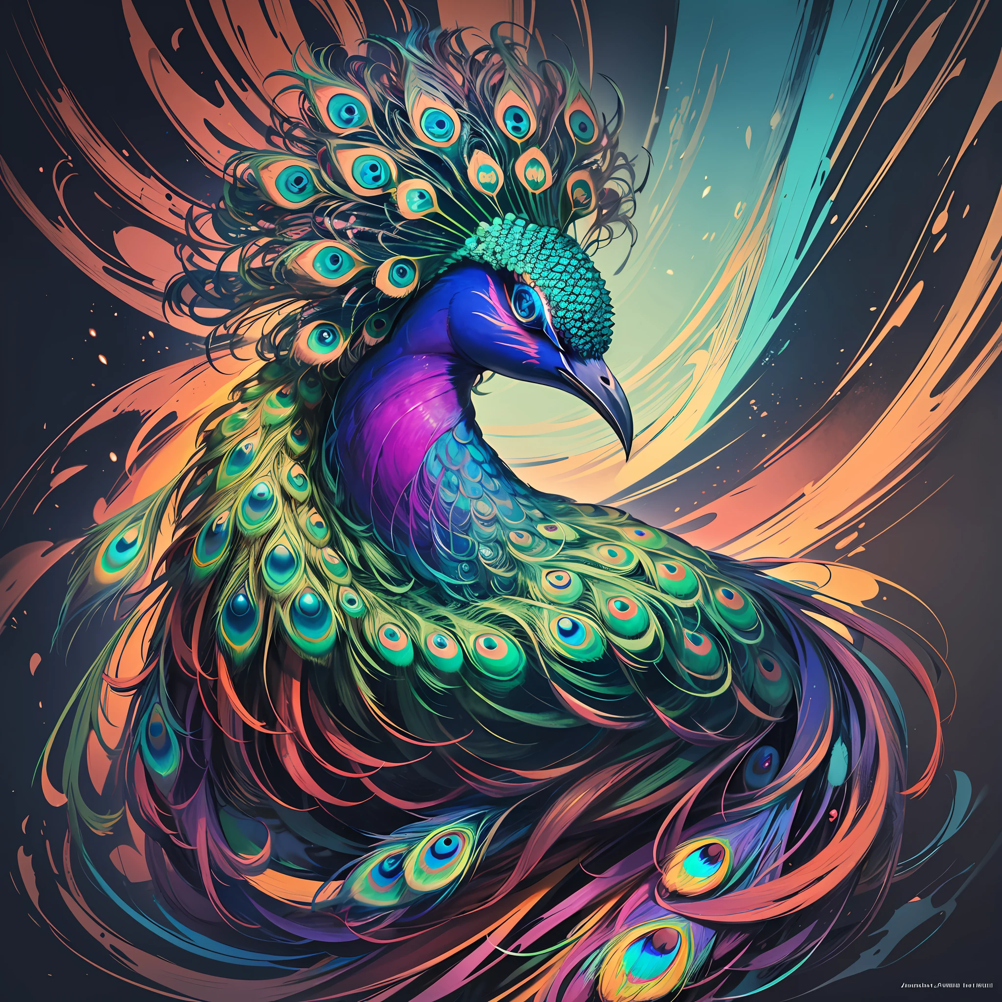 (Peacock open), front, with a colorful indigenous woman standing on the right, with head, sexy, backlit, abstract, painting, drawn by famous artist, ethereal, liquid, abstract, masterpiece, highly detailed, best quality, highest quality, realistic lighting, ultra-detailed, surreal, colorful, colorful, coat, sweatshirt