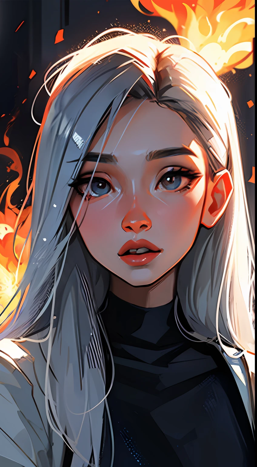 Sam Yang, 1girl, soft colors, ENFJ character, Female named Natasha, beautiful face, perfect skin, beautiful detailed girl, detailed fingers, extremely detailed eyes and face, upper body, silver hair, long hair, x-shaped pupils, pout, Square face shape, very detailed eyes, red streaks in the outfit, Portrait, Eye-Level Shot, cinematic lighting, depth of field, Volumetric light, depth, fire magic particles, ((Masterpiece))