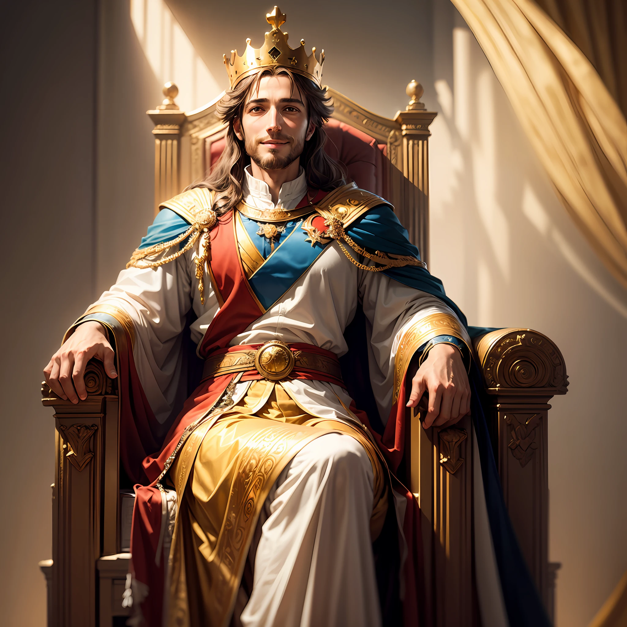 King David sitting on his throne, happy look, golden environment, king's clothes.