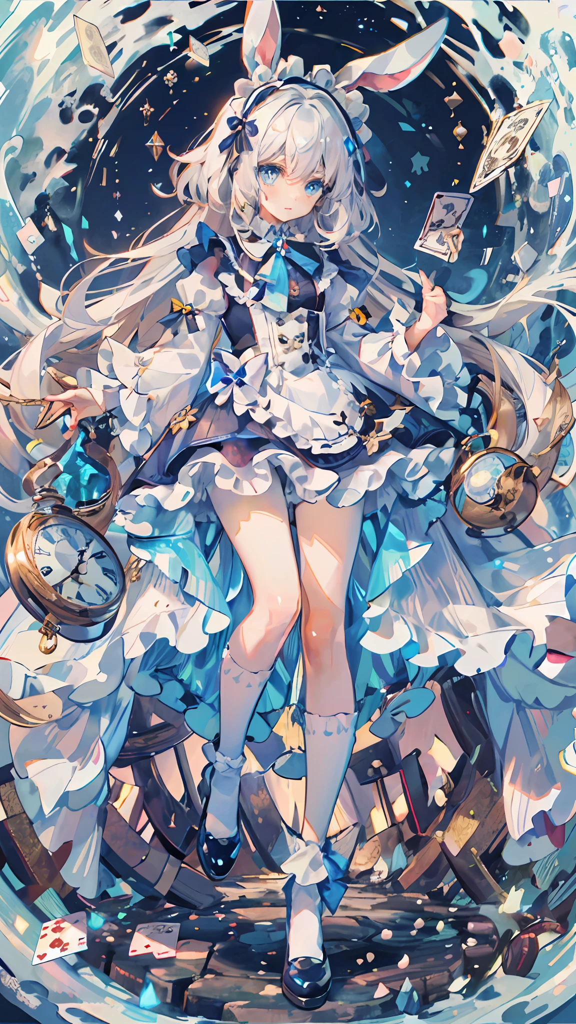 Super gorgeous, extreme multiplication, shiny crystal, (beautiful detailed eyes), movie lighting, white hair, blue eyes, long blonde hair, curly hair, Roman curls, princess sleeves, frills, glowing eyes, (illuminated particles), cloudy, alice in wonderland, blue eyes, light blue skirt, walking stick, dramatic composition, extreme detail, high resolution, Mr. Rabbit, white rabbit, pocket watch, playing cards flying in the air, Lolita dress, blue and white striped stockings, bow, look at the camera, socks with frills, pearl necklace, Lace gloves, large bow headdress, ribbon, jump, fall, levitation, cloudy, starry, dreamy