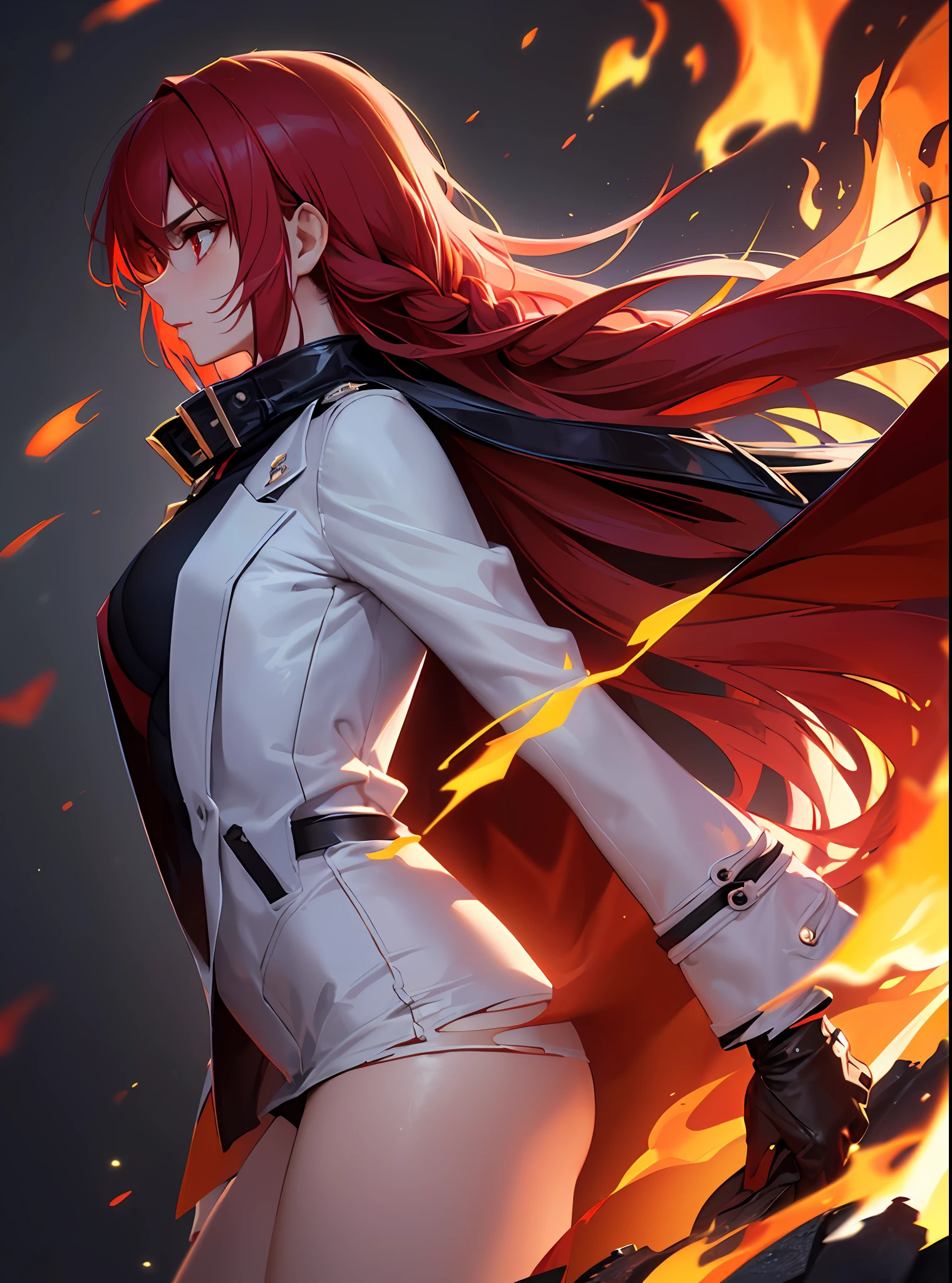 (masterpiece, best quality), (an adult woman with very long red hair), ((hair yellow tips)), ((disheveled hair)), ((red hair)), ((hair with volume)), ((bangs)), ((braids)), ((white clothes)), black pants, ((white leather jacket)), torn jacket, ((fire)), long stockings, (((profile picture)), black blouse with closure, bare legs, serious, ruins, red eyes, good anatomy, correct proportions, black boots, torn clothes, very long red hair, medium chest, face only portrait, chest to head show, cinematics, color oil painting, solo, film lighting, extremely detailed face, finely detailed face, beautiful face, beautiful eyes, perfect lighting, depth of field, realistic proportions, good anatomy, ((long coat))