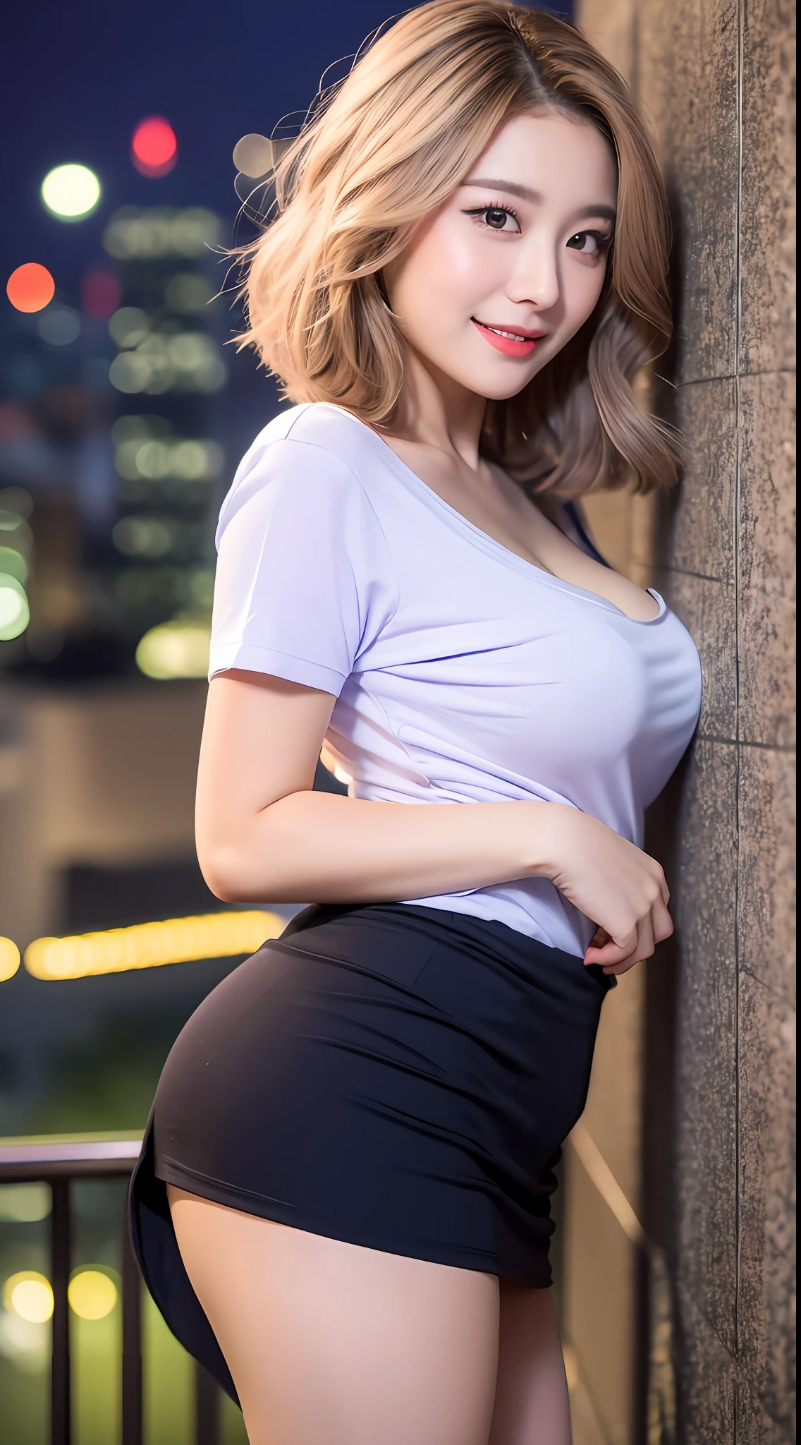 Ultra-high-definition 8K picture quality, absolutely beautiful girls, straight hair, short hair, fluffy long hair switch at will, exquisite bright eyes, gorgeous makeup, blush moving, sweet smile, super slim, night hotel, on the hotel balcony, wearing blue tight T-shirt, black skirt, macro shooting, mobile phone night mode, dreamy and beautiful.