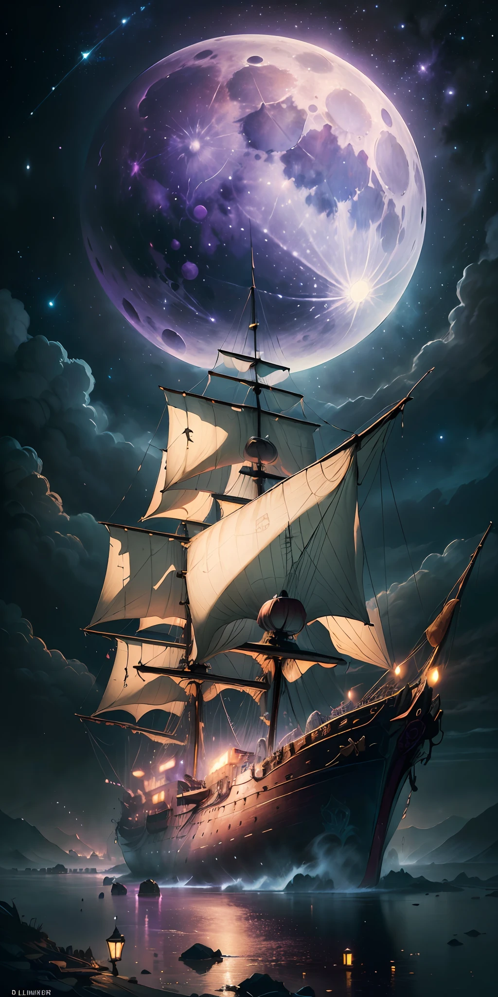 Computer visualized graphics, realistic fantasy, Extensive landscape ultra photography (general view, which shows a huge wooden sailing ship, with decks, 4 decks, stern, hold, + a lot of sails, + bow, + tank, + stern, + ut + decks
Horizontal platforms - decks, full moon, night sky, blurred background, warm, yellow, purple background, pink, warm, magic, "Hyper-realistic textures," "Precise details," "Realistic still life," "Realistic portraits," "Realistic landscapes." Watercolor Drawing, "Majestic mountains," "Hyper-realistic textures," Banksy, Liu Bolin, Ansel Adams, Yoshitaka Amano realistic fantasy, Extensive landscape ultra photography, blurred background, cool, turquoise hue, a bit of purple, airy color, magic, "Hyper-realistic textures," "Precise details," "Realistic still life," "Realistic portraits," "Realistic landscapes." Lit cityscapes,” “Starry skies,” “Moonlit landscapes,” “Night time portraits,” “Long exposures.” 16:9 --ar --auto