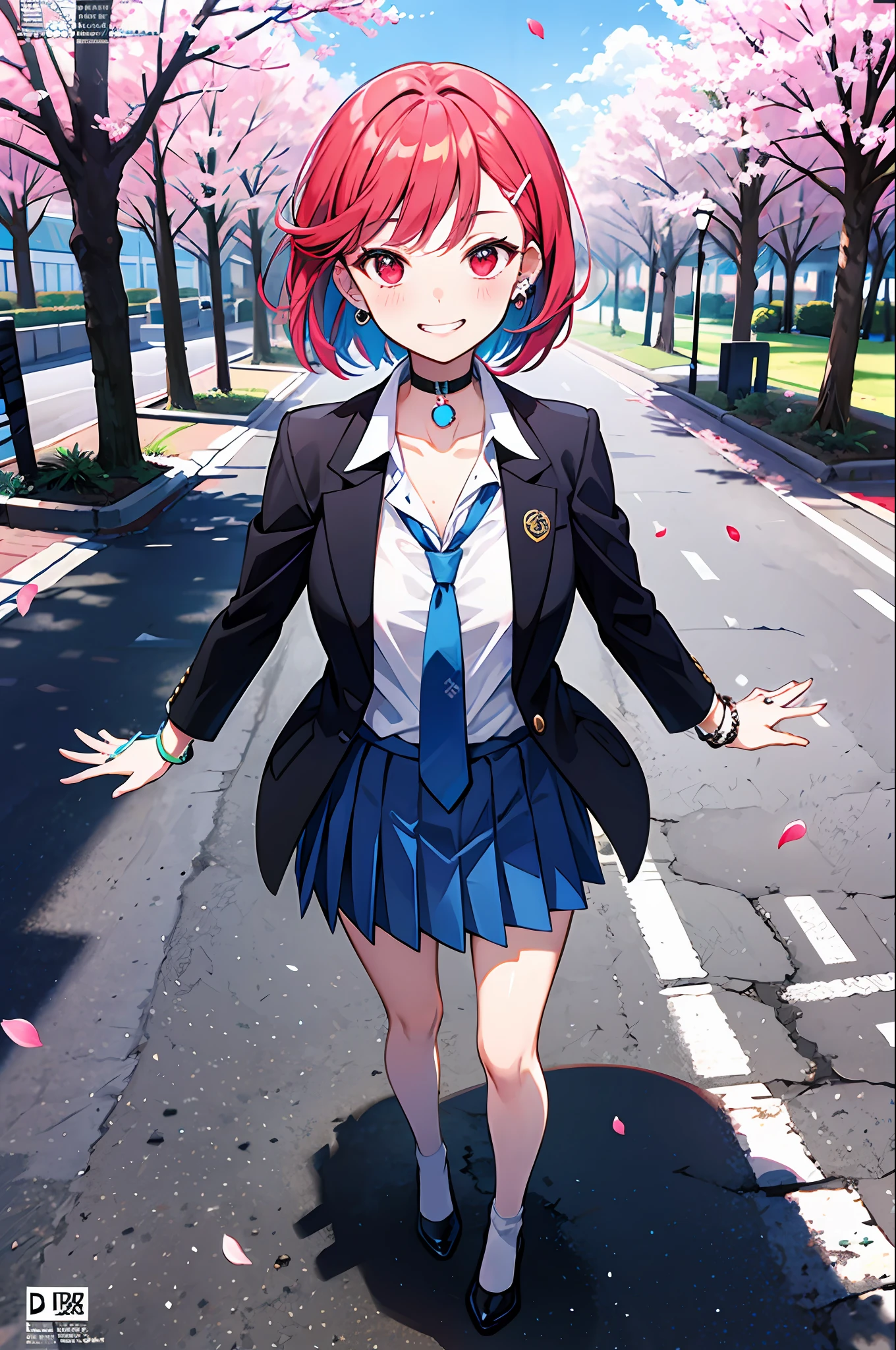 masterpiece, best quality,  full body,
1girl, bangs, black choker, black necktie, red hair, blue skirt, red eyes, blush, bracelet, breasts, choker, wearing an open black suit, collarbone, collared shirt, cowboy shot, dress shirt, ear piercing, eyebrows visible through hair, gradient hair, grin, gyaru, jewelry, kogal, short hair, looking at viewer, blue long necktie, necktie, piercing, blue skirt, pleated skirt, red eyes, ring, school uniform, shirt, skirt, solo, white shirt,
street, sky, cherry blossoms, petals,illustration, (magazine:1.3), (cover-style:1.3), fashionable, woman, vibrant, outfit, posing, front, colorful, dynamic, background,  elements, confident, expression, holding, statement, accessory, majestic, coiled, around, touch, scene, text, cover, bold, attention-grabbing, title, stylish, font, catchy, headline, larger, striking, modern, trendy, focus, fashion,