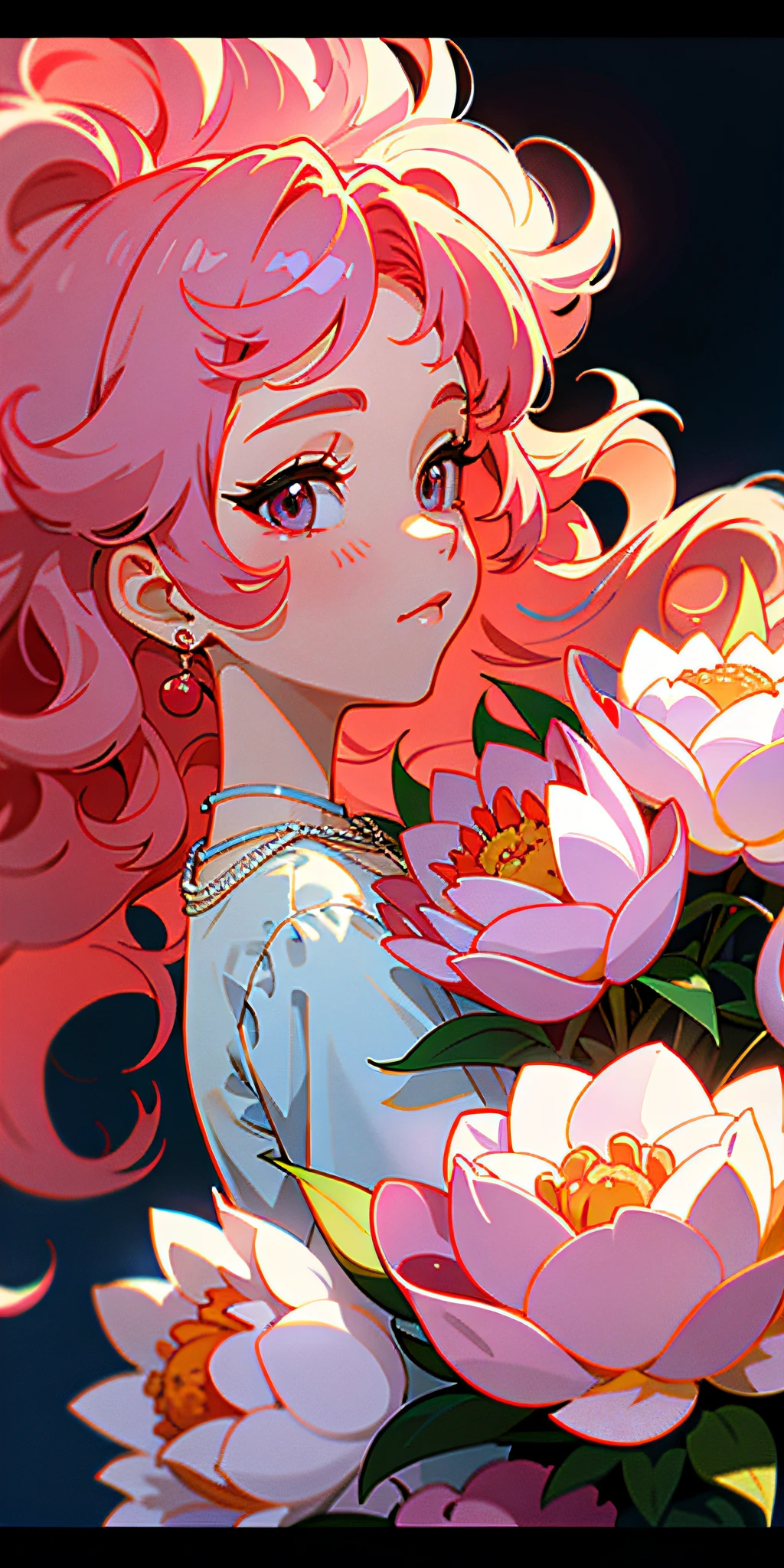 A girl, solo, (mint green blue long curly hair)), jewel-like red eyes, sunny day, van Gogh, soap bubble, masterpiece, exquisite, high quality, delicate portrayal of facial features, colorful flowers, sleeveless, summer, dim tones, dawn, glow, sea, gentle expression, hair flying, lonely atmosphere, ocean waves, glowing, meticulous