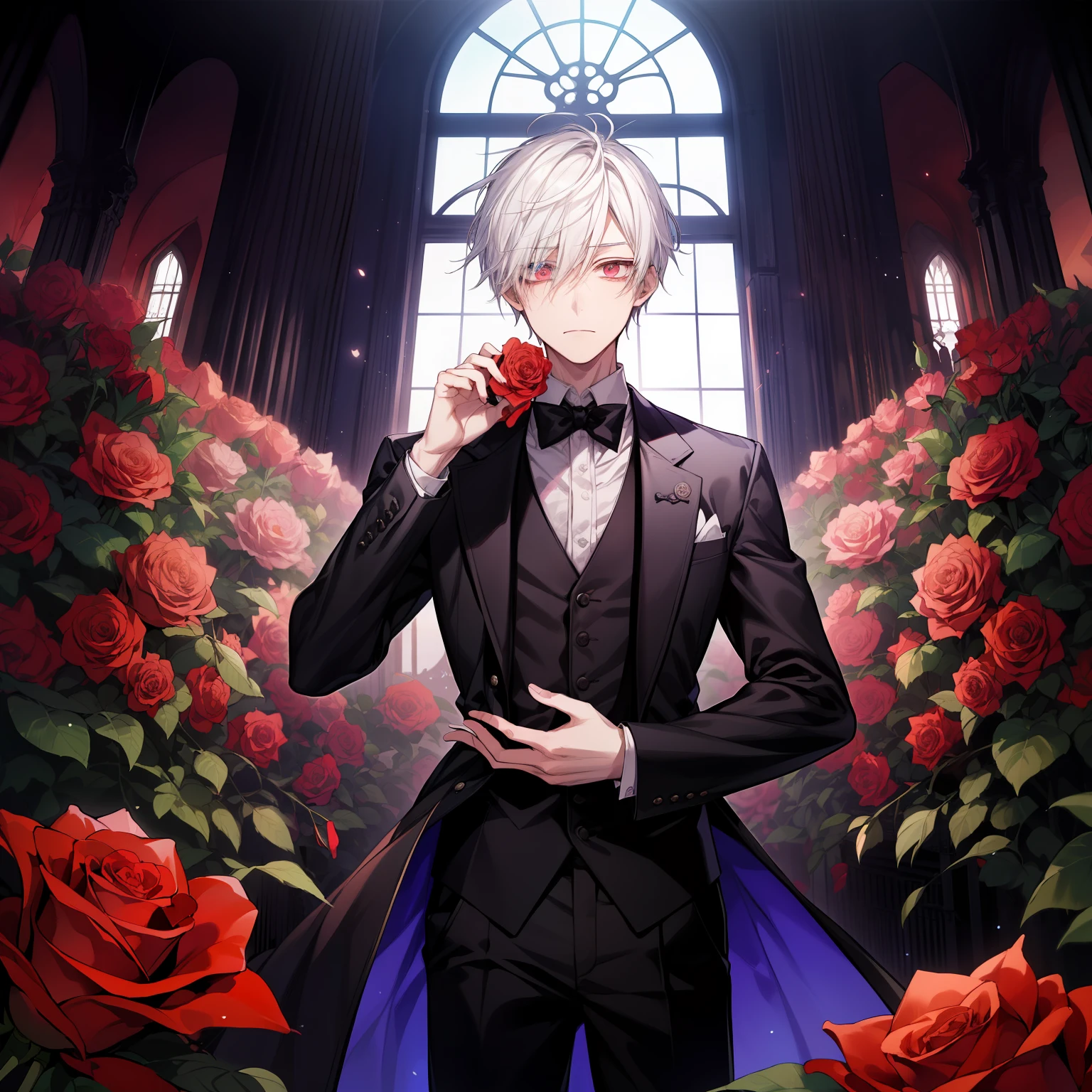 (high-quality, breathtaking),(expressive eyes, perfect face), 1boy, solo, short, young boy, short white hair, red eyes, black butler suit, wear short shorts, red roses, castle, dark, butler, dark background, sad